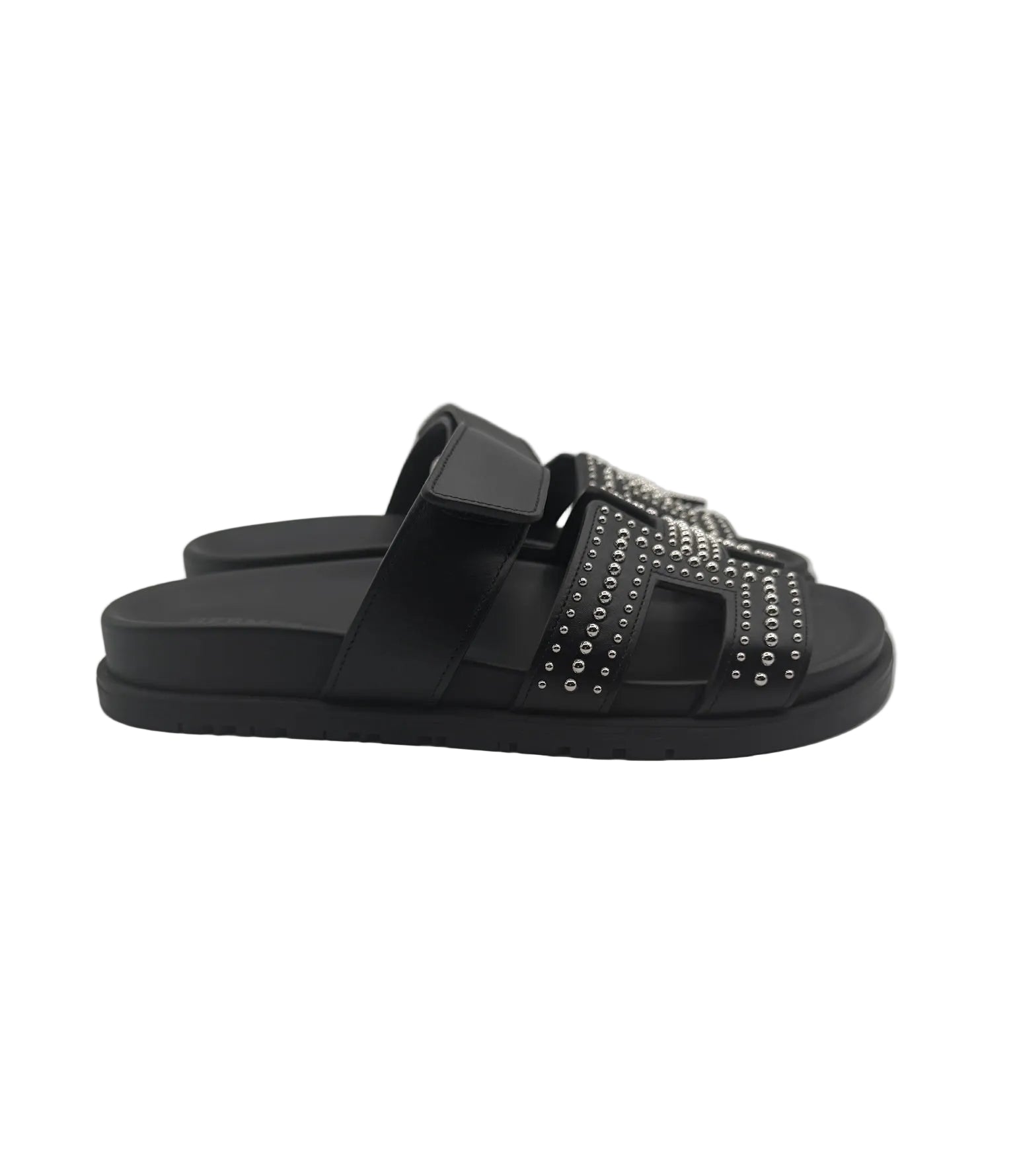 Hermès Black Leather Round Studs Chypre Sandals