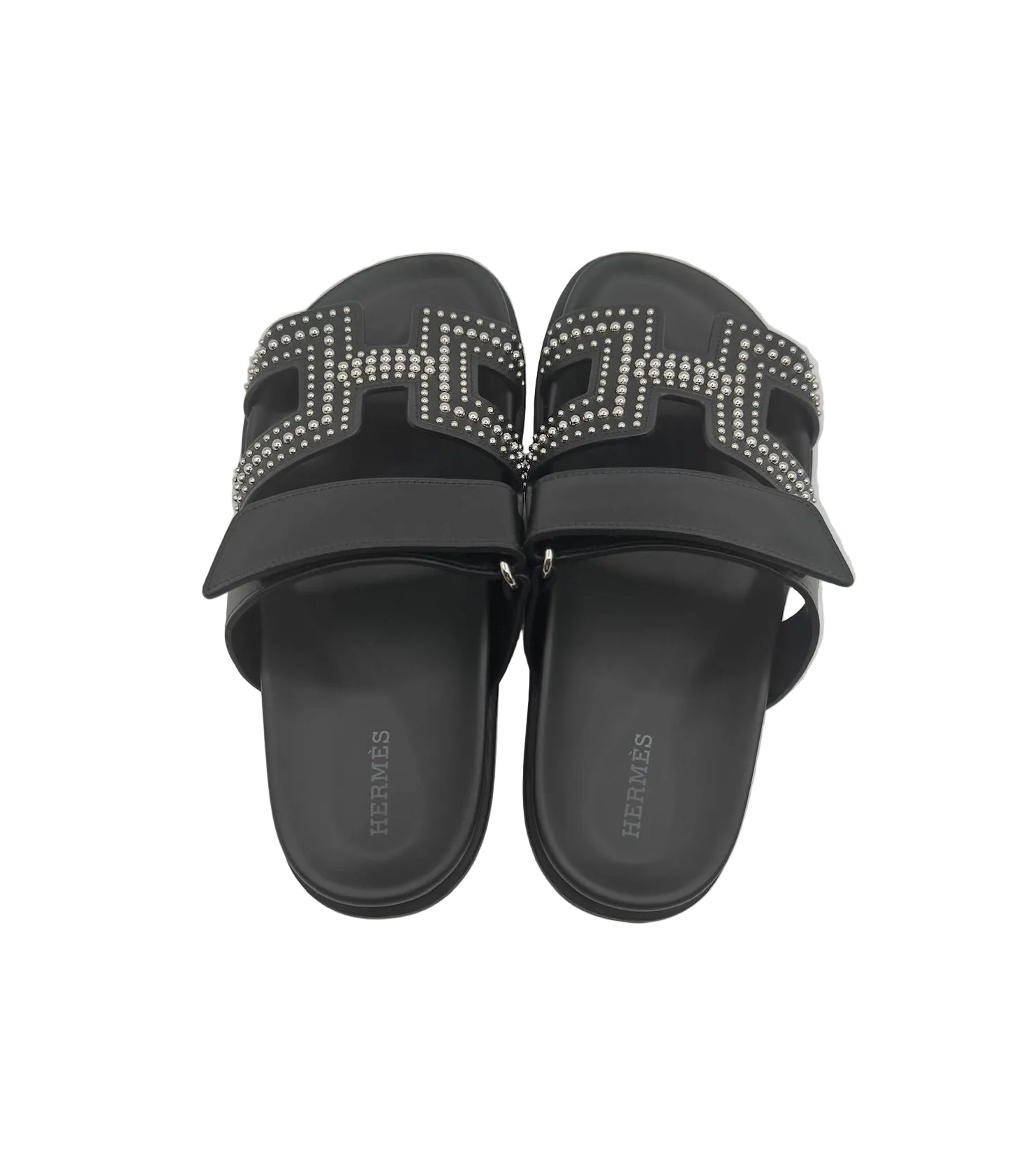 Hermès Black Leather Round Studs Chypre Sandals
