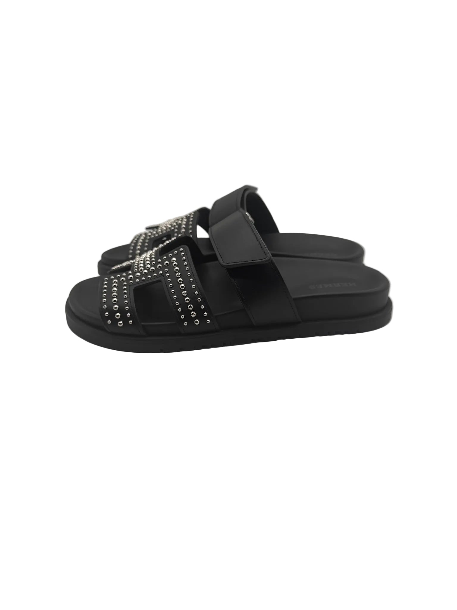 Hermès Black Leather Round Studs Chypre Sandals