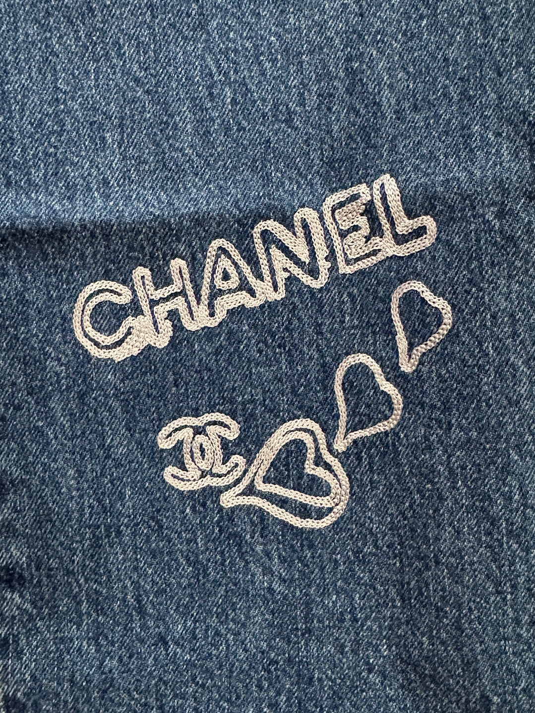 Chanel Blue Denim Jeans with Heart Embroidery
