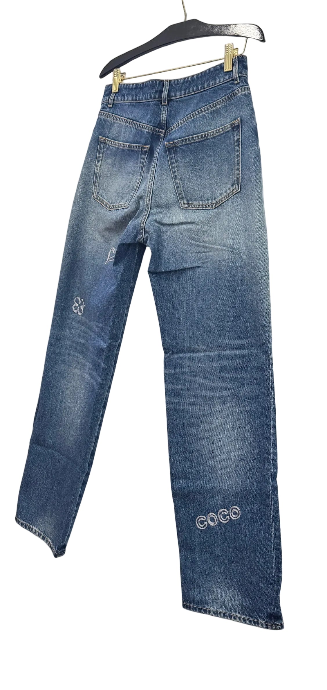 Chanel Blue Denim Jeans with Heart Embroidery
