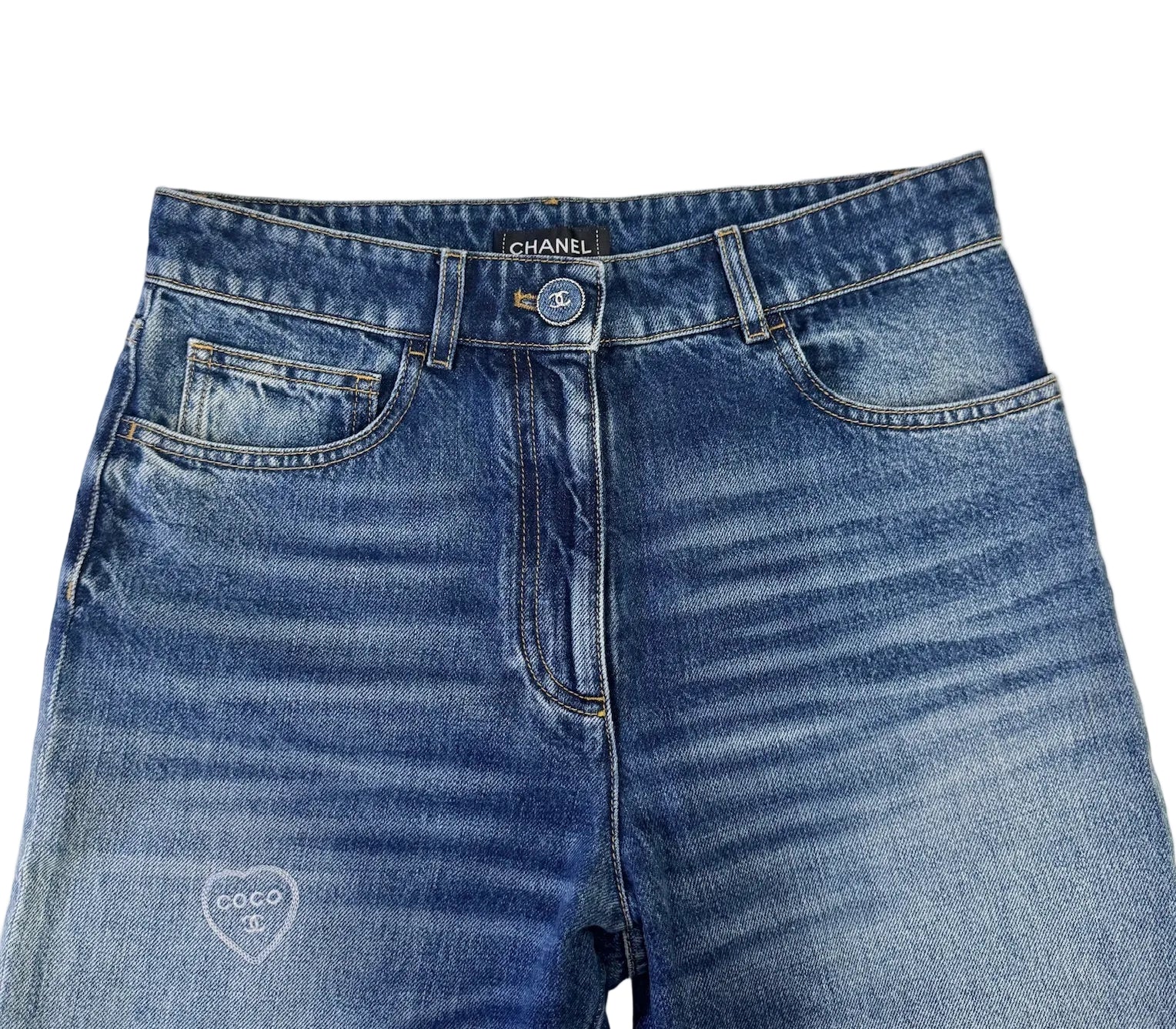 Chanel Blue Denim Jeans with Heart Embroidery