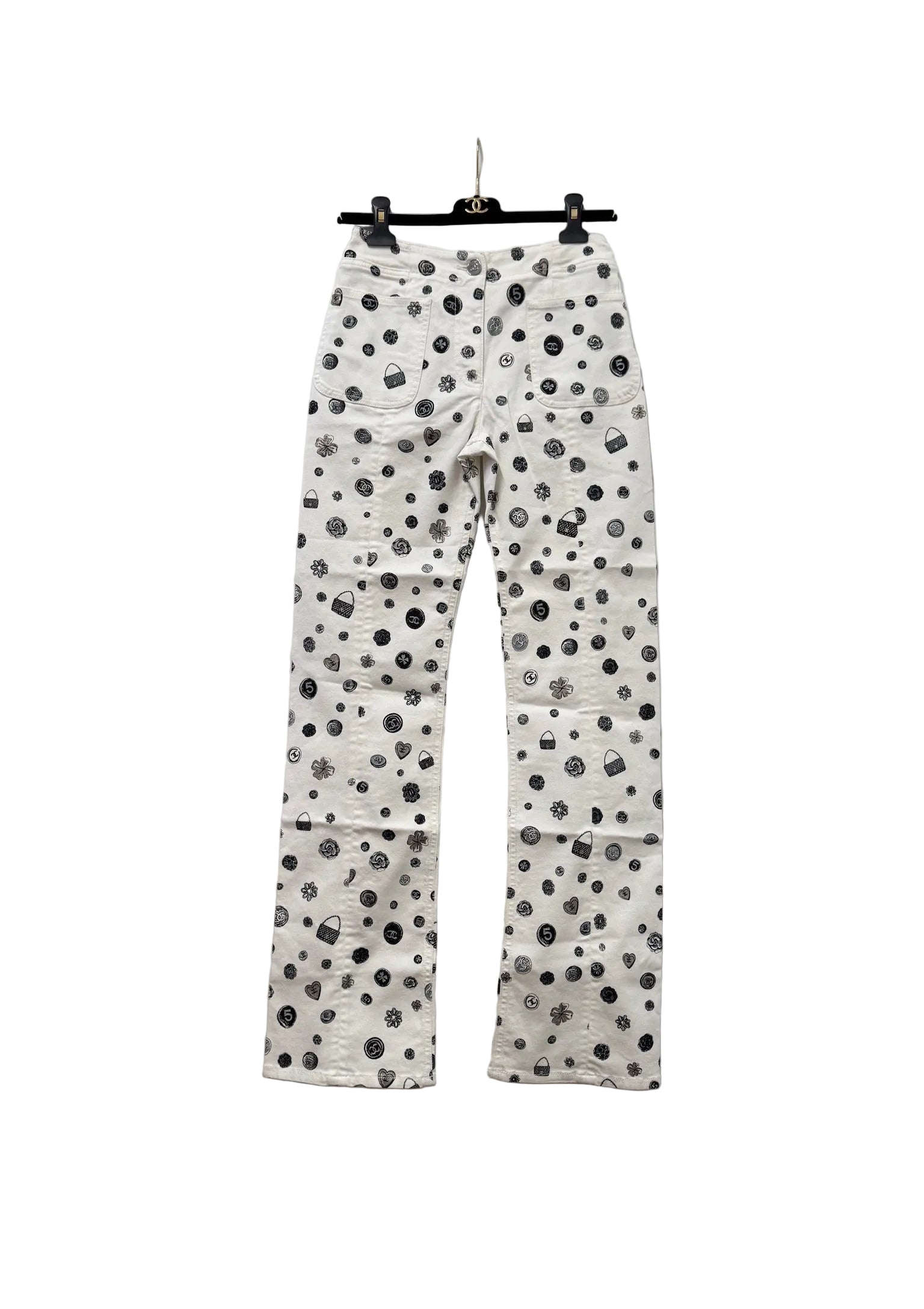 CHANEL White Denim Jeans with Black Charms Logos