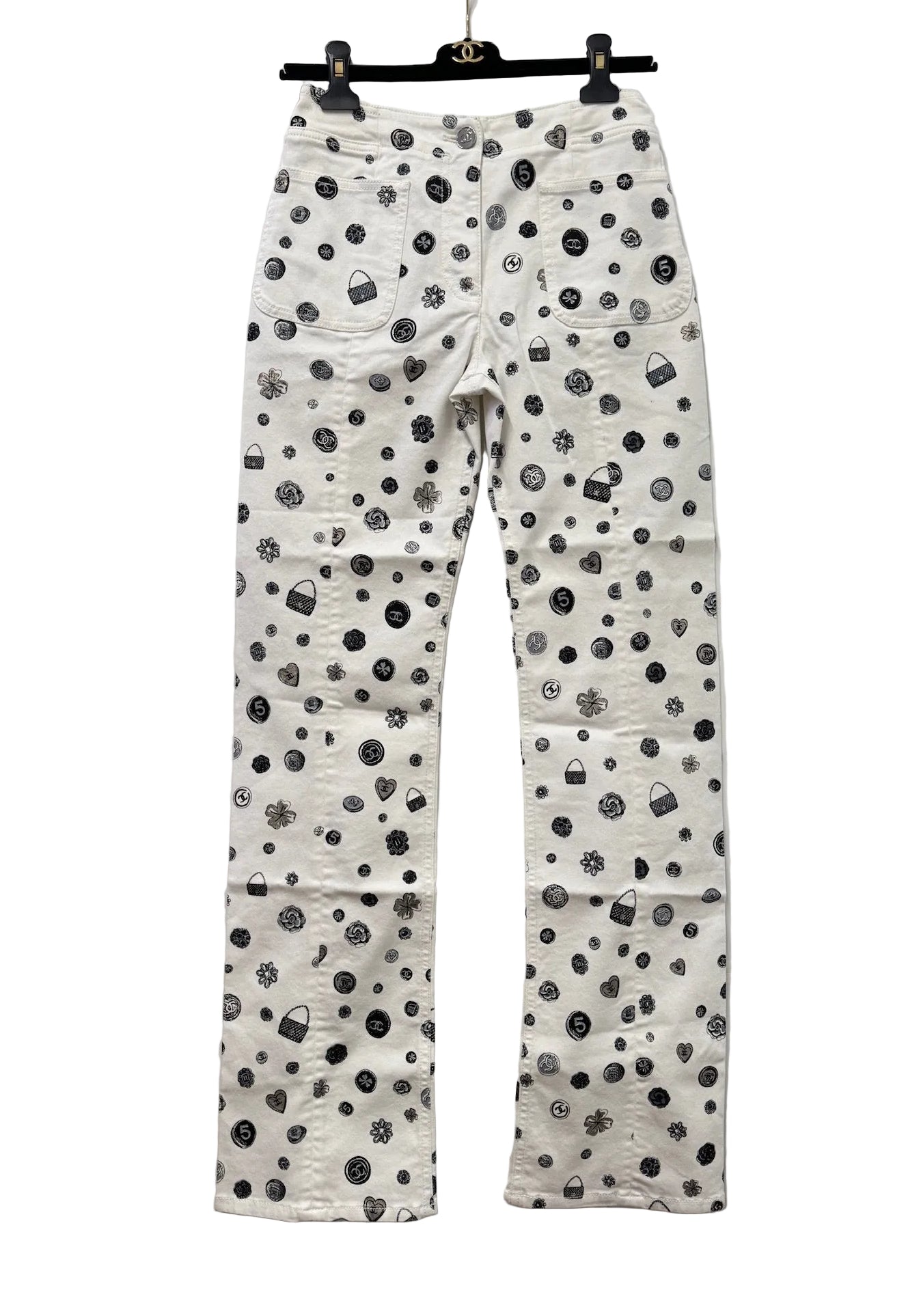 CHANEL White Denim Jeans with Black Charms Logos