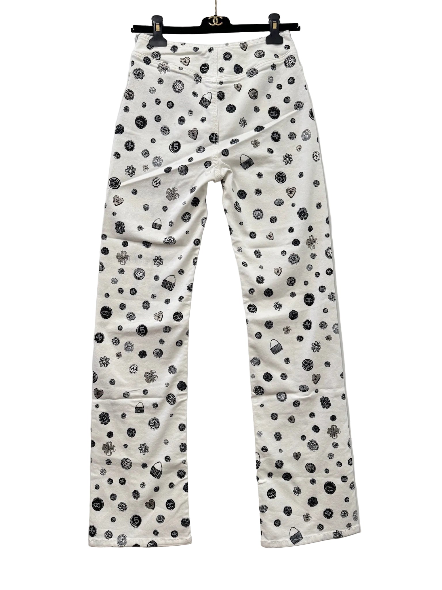 CHANEL White Denim Jeans with Black Charms Logos
