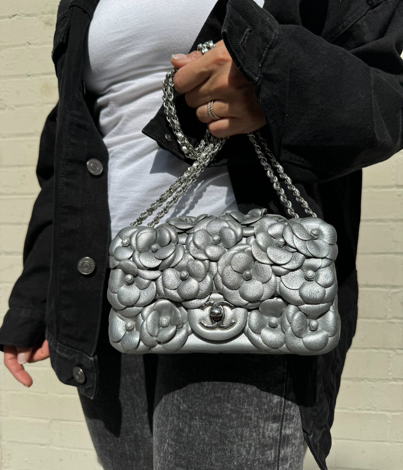 Chanel Silver Camellia Mini Flapbag