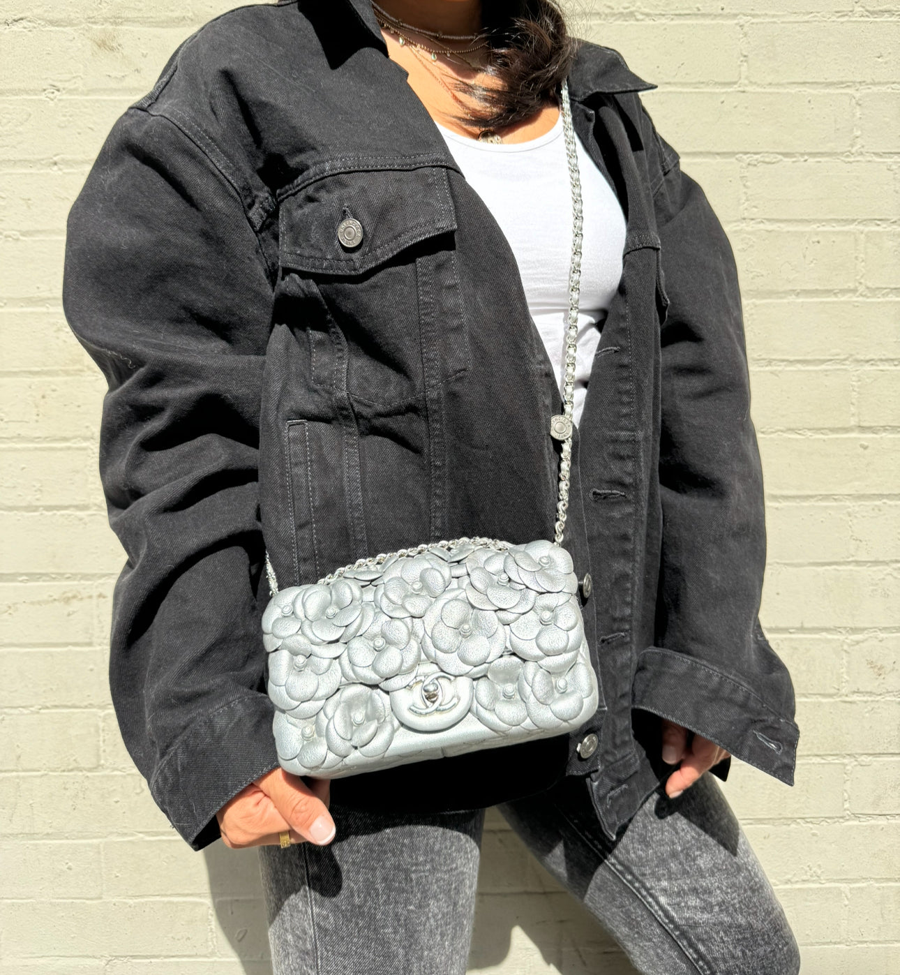 Chanel Silver Camellia Mini Flapbag