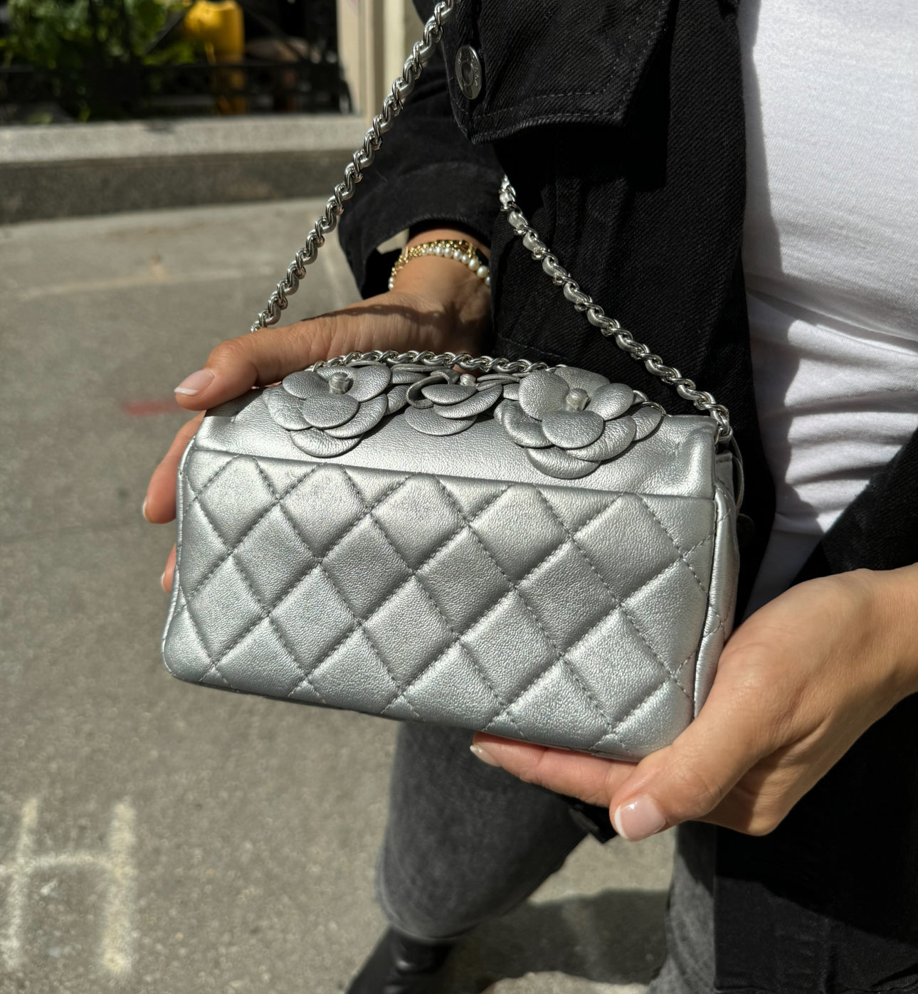Chanel Silver Camellia Mini Flapbag