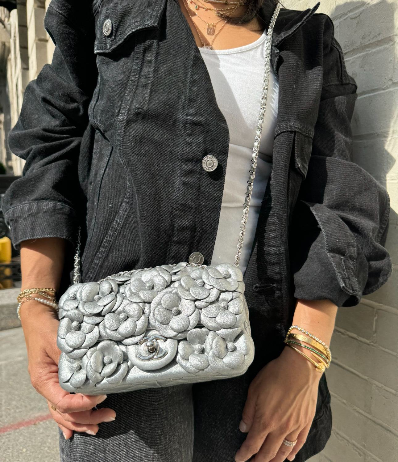 Chanel Silver Camellia Mini Flapbag
