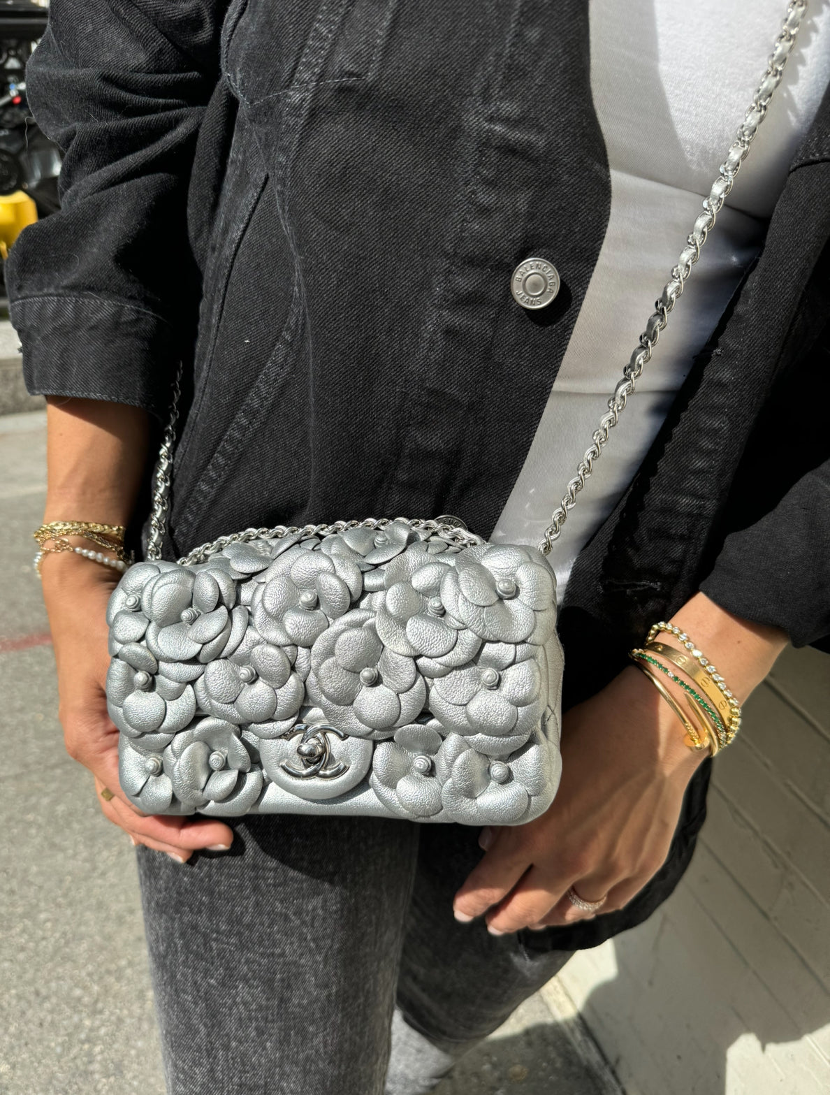 Chanel Silver Camellia Mini Flapbag