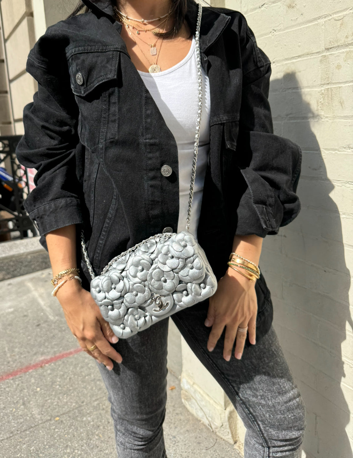 Chanel Silver Camellia Mini Flapbag