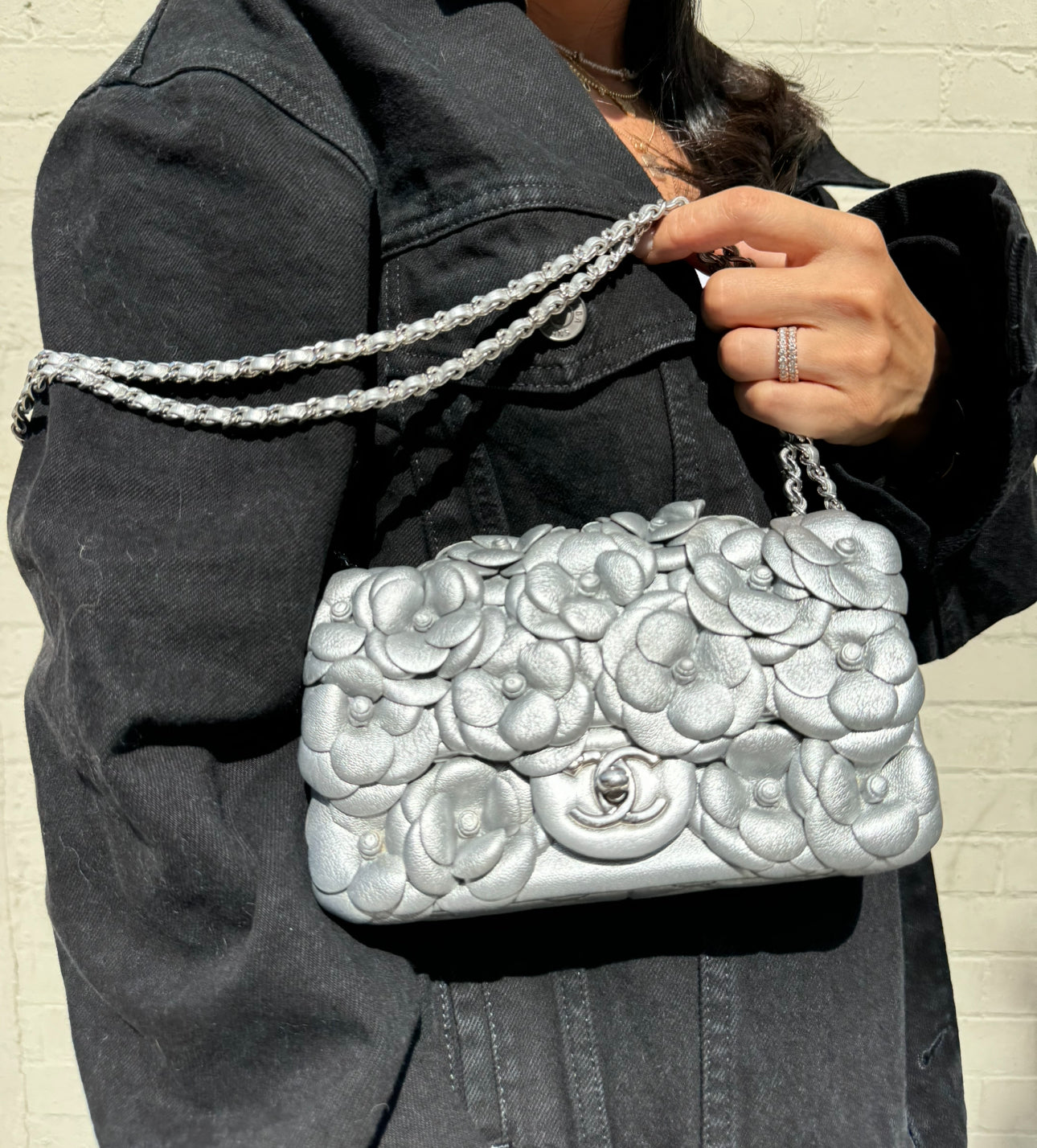 Chanel Silver Camellia Mini Flapbag