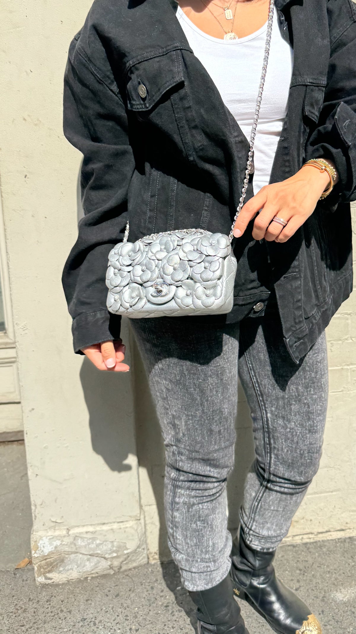 Chanel Silver Camellia Mini Flapbag