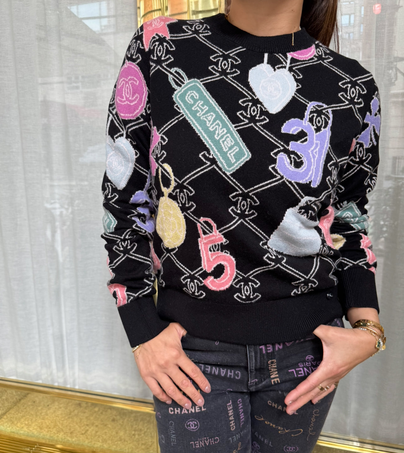 Chanel Black Cashmere Pullover with Colorful CC Logo and Charms
