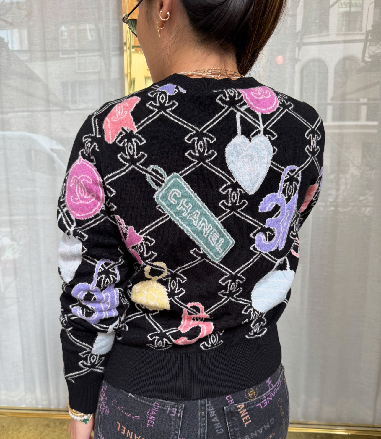 Chanel Black Cashmere Pullover with Colorful CC Logo and Charms
