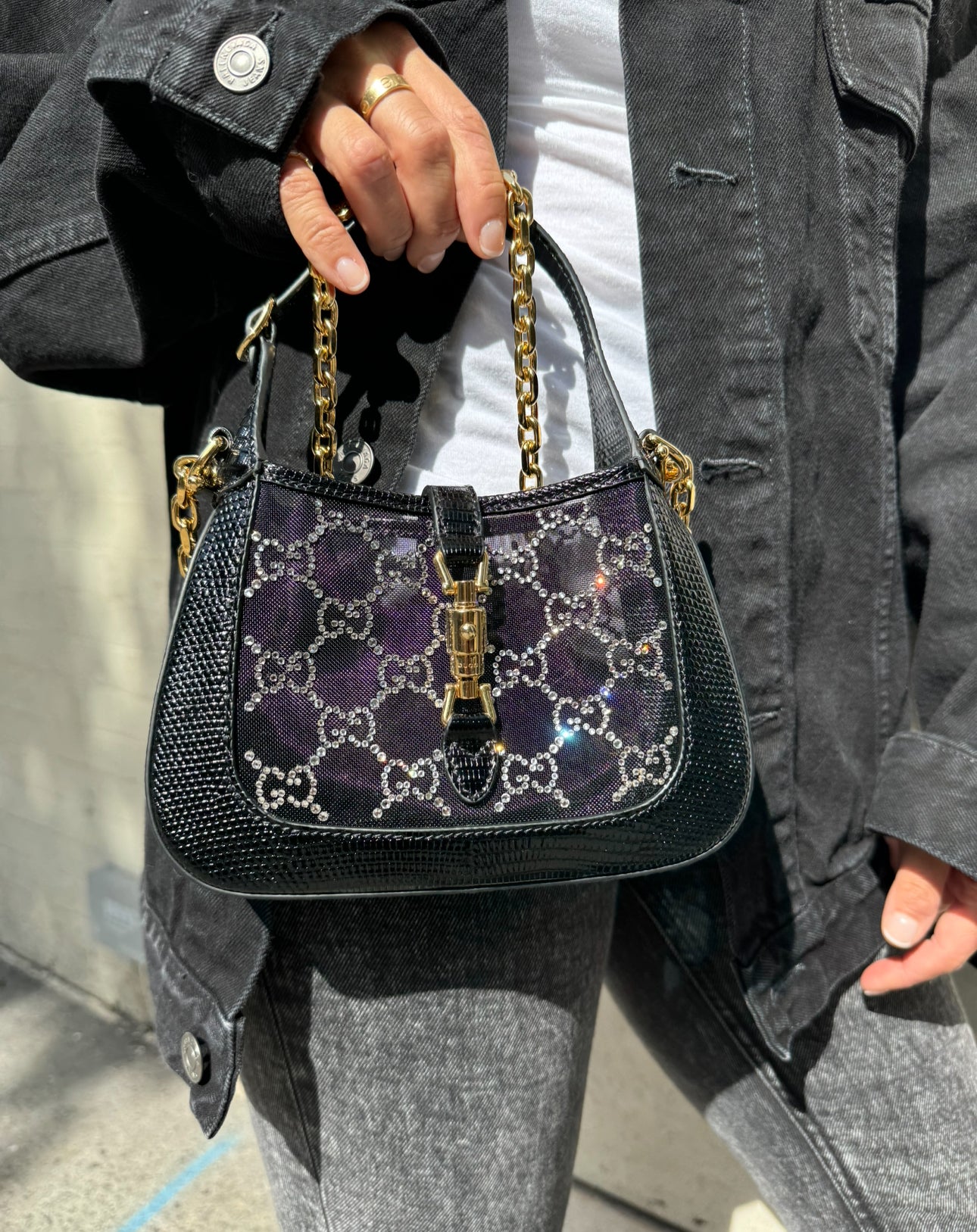 Gucci Mini Jackie Black Lizard Bag with GG Crystals