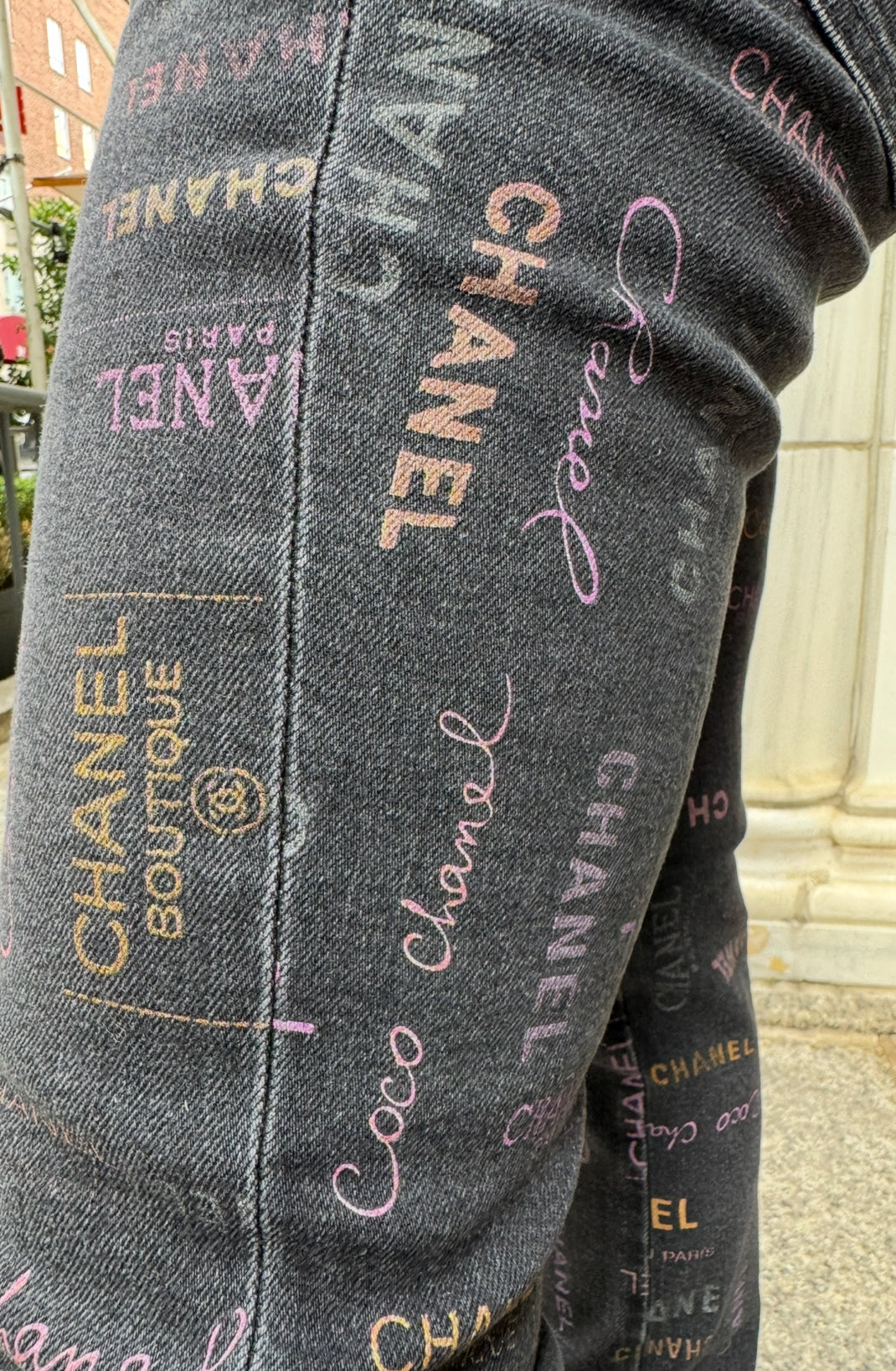 Chanel Black Denim Jeans with Multicolor CHANEL Print