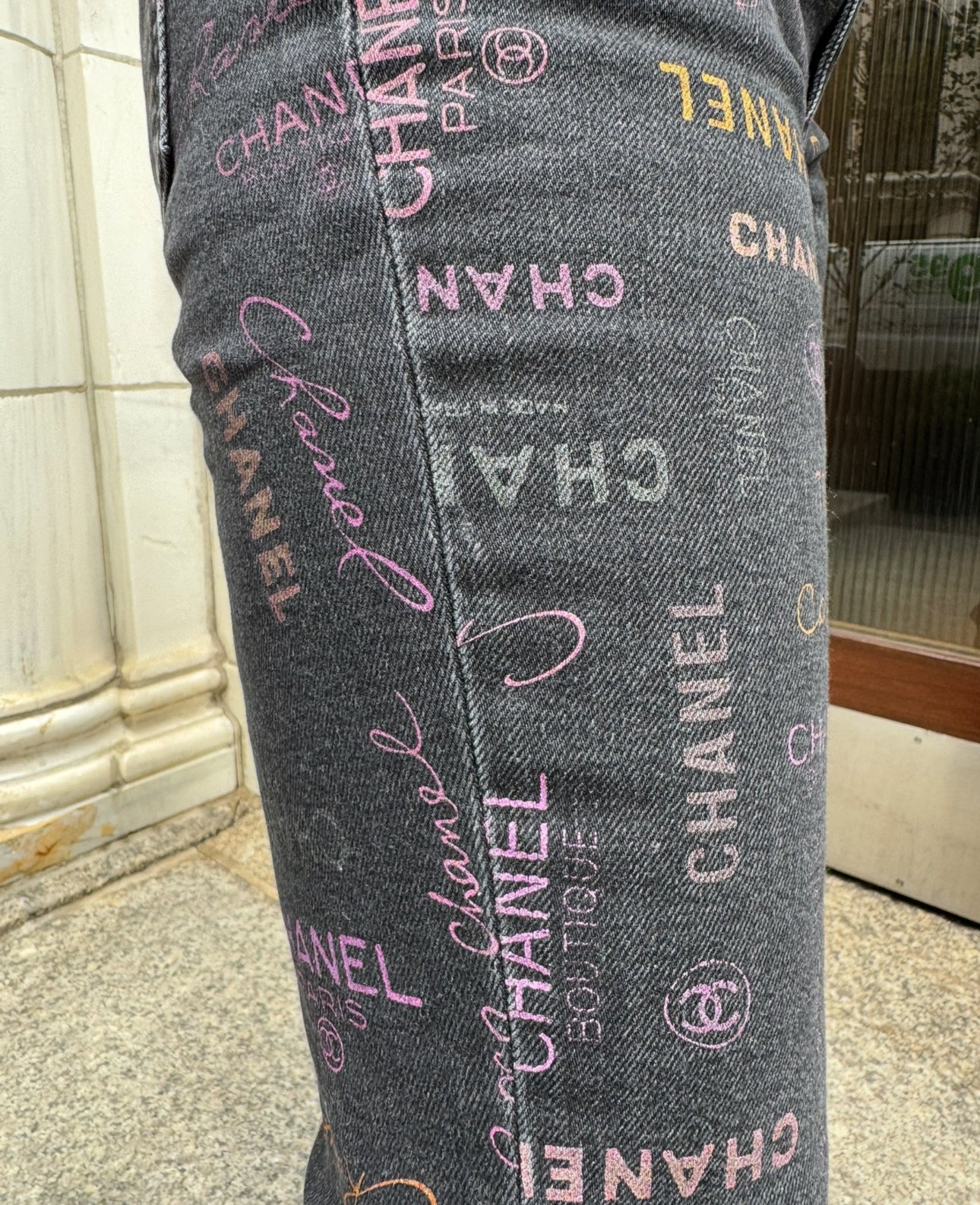 Chanel Black Denim Jeans with Multicolor CHANEL Print