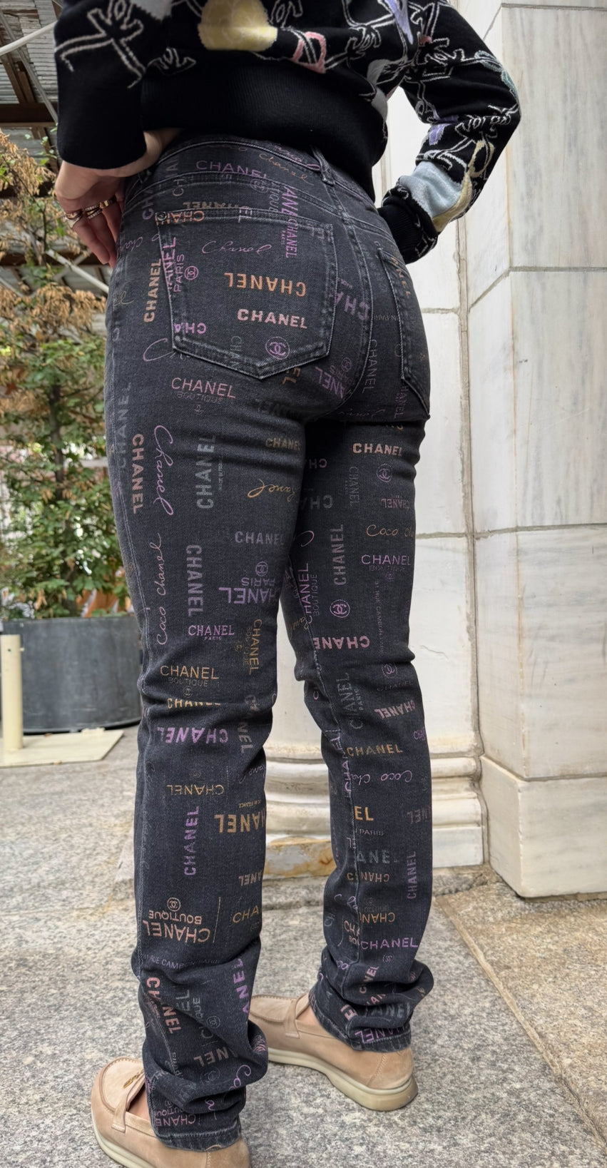 Chanel Black Denim Jeans with Multicolor CHANEL Print