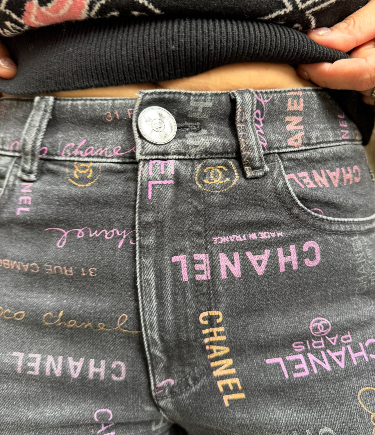 Chanel Black Denim Jeans with Multicolor CHANEL Print