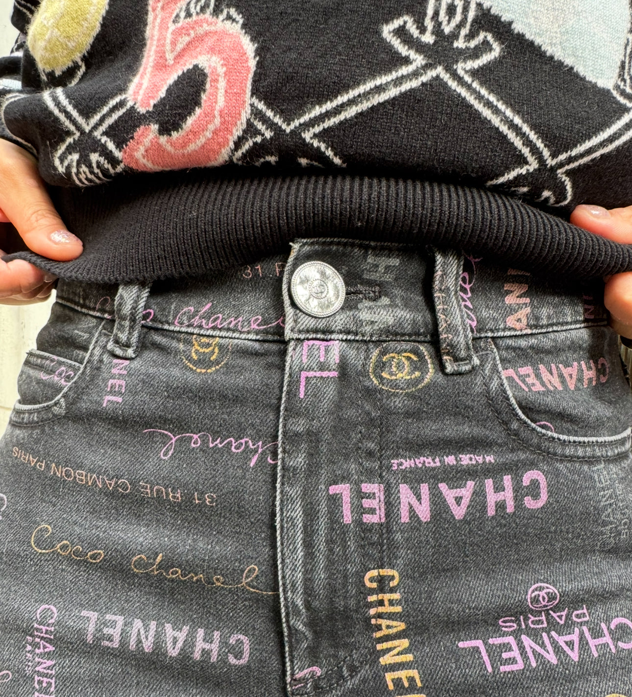 Chanel Black Denim Jeans with Multicolor CHANEL Print