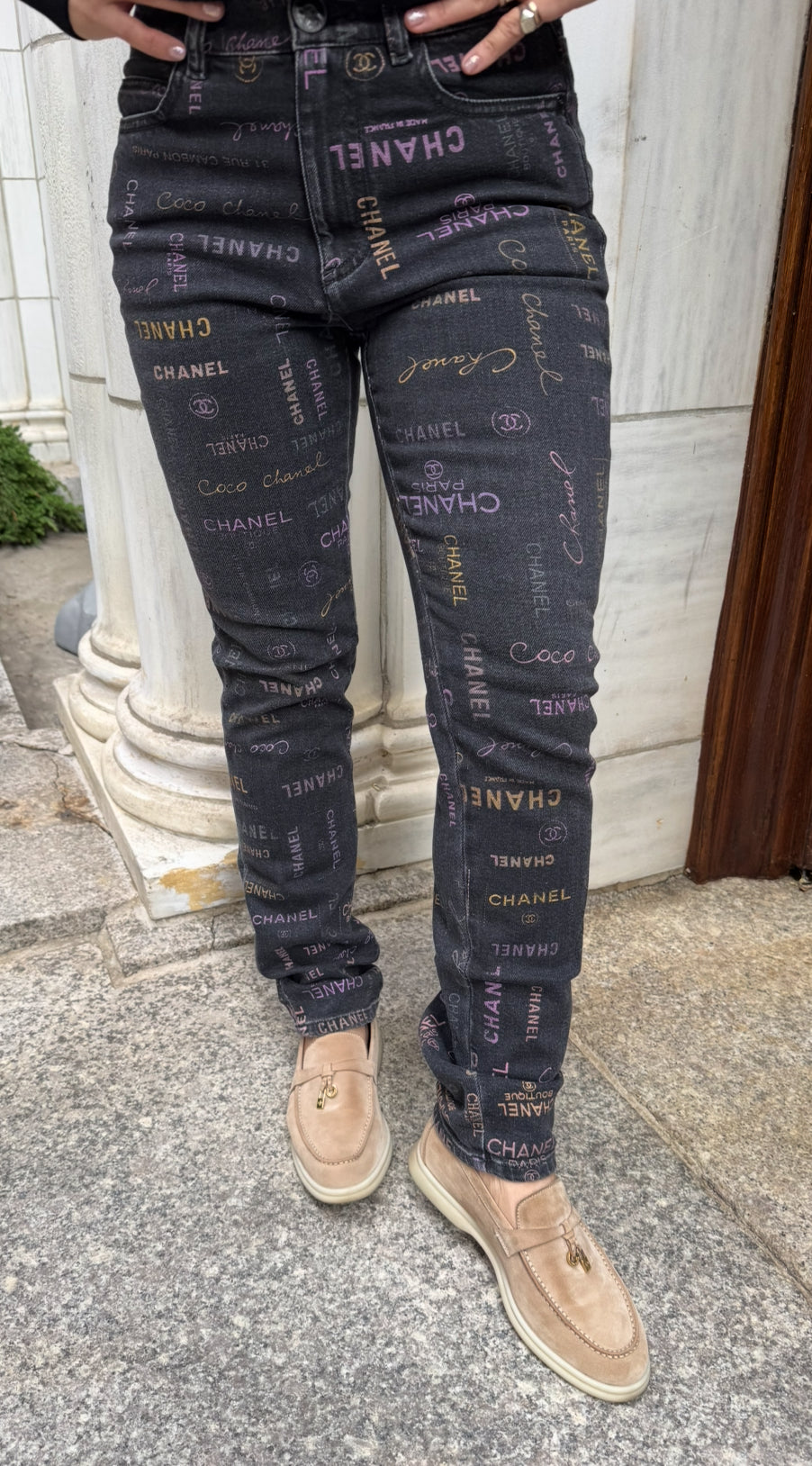 Chanel Black Denim Jeans with Multicolor CHANEL Print