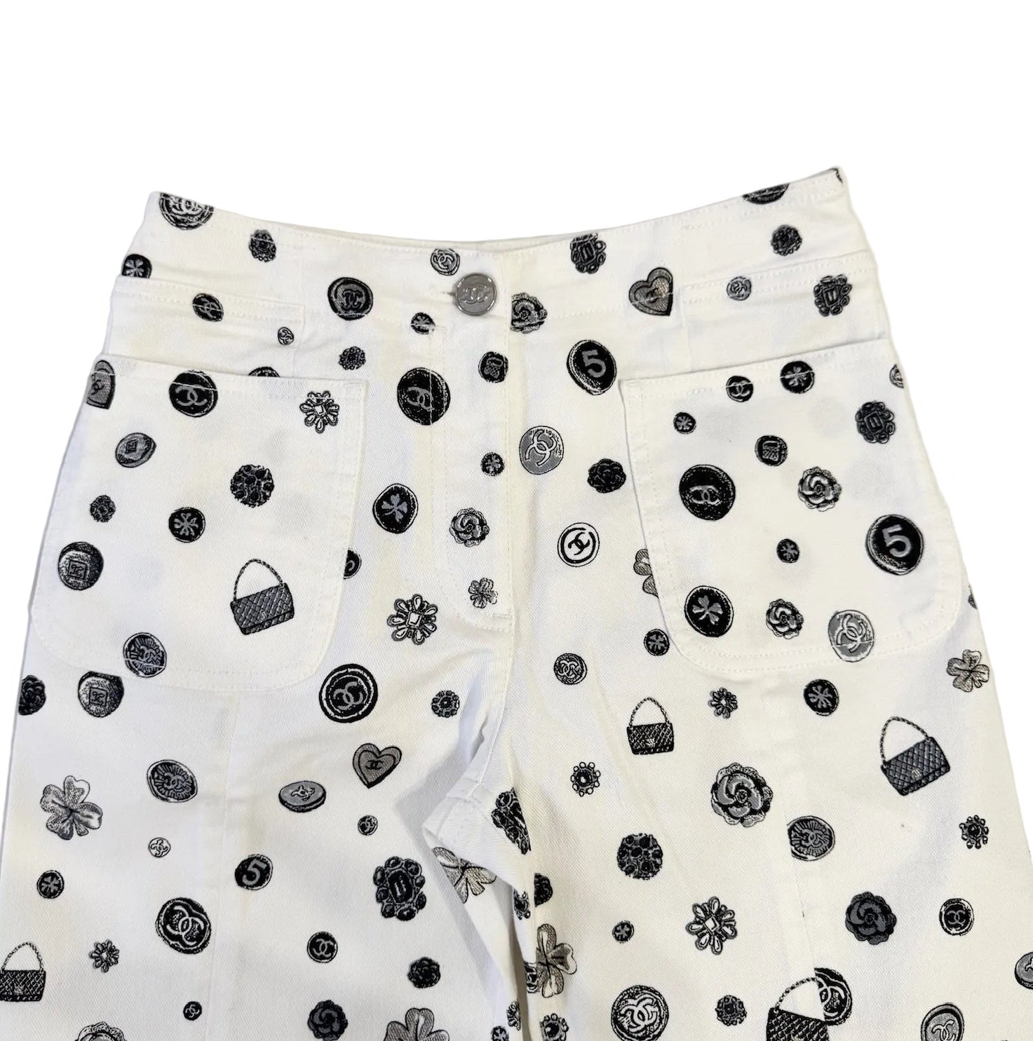CHANEL White Denim Jeans with Black Charms Logos