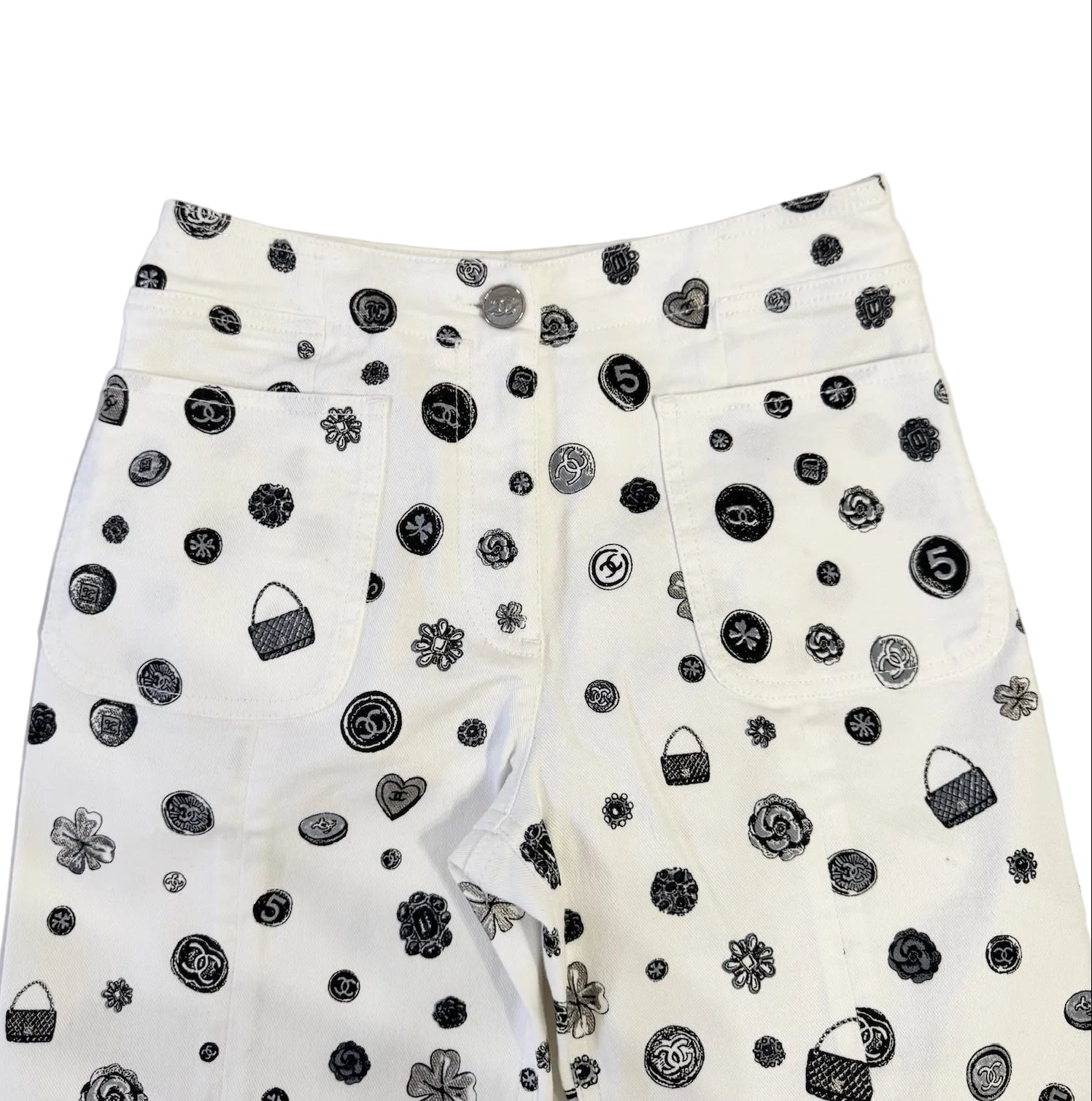 CHANEL White Denim Jeans with Black Charms Logos