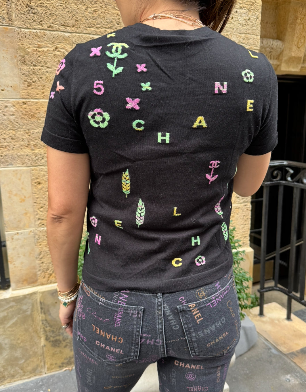 Chanel Black Top with Multicolor CHANEL Print Logo