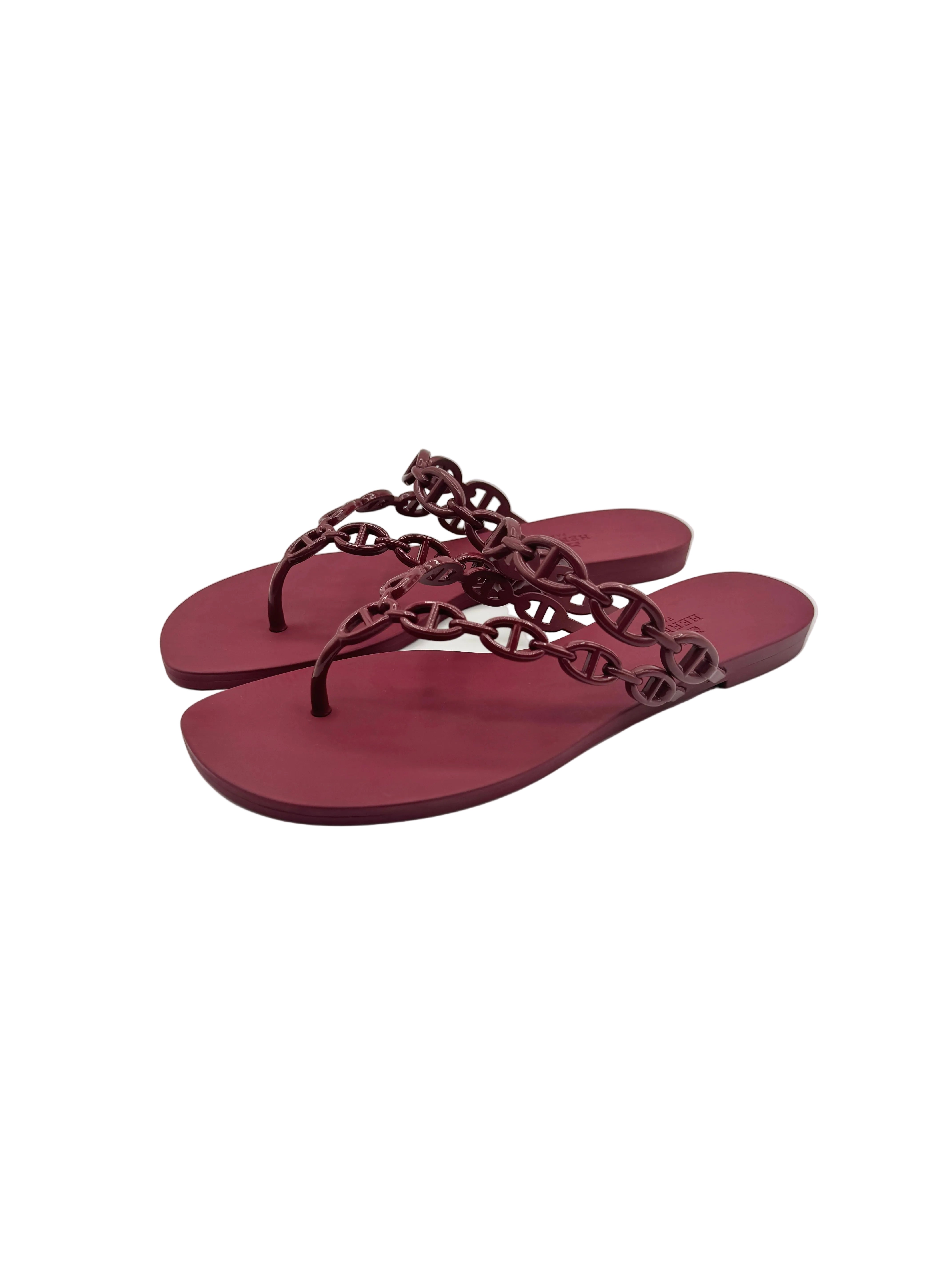 Hermès Burgundy Rouge H Island Jelly Sandals