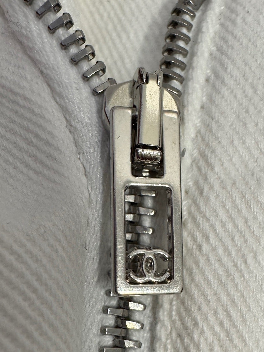 CHANEL White Denim Jeans with Black Charms Logos