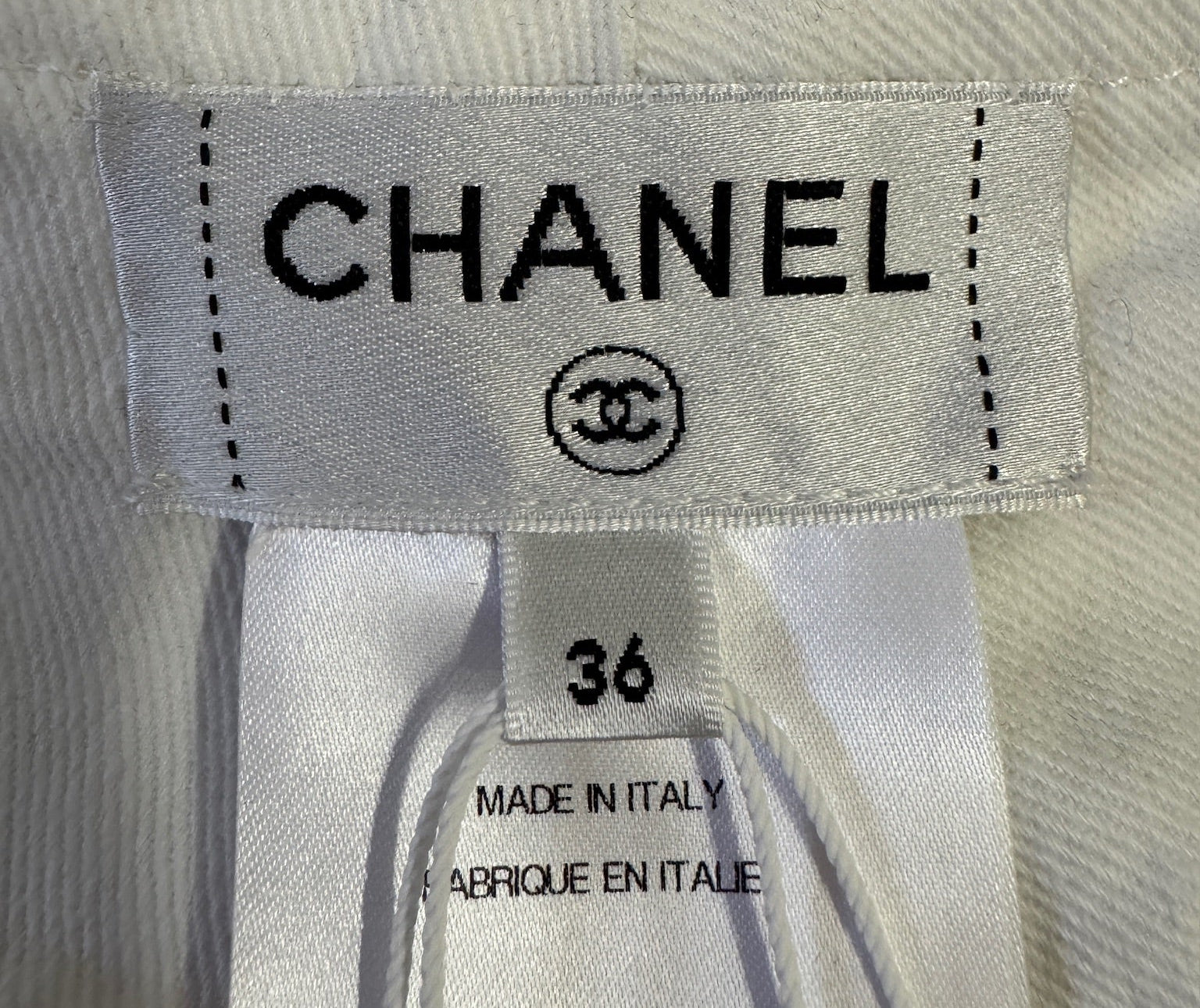 CHANEL White Denim Jeans with Black Charms Logos