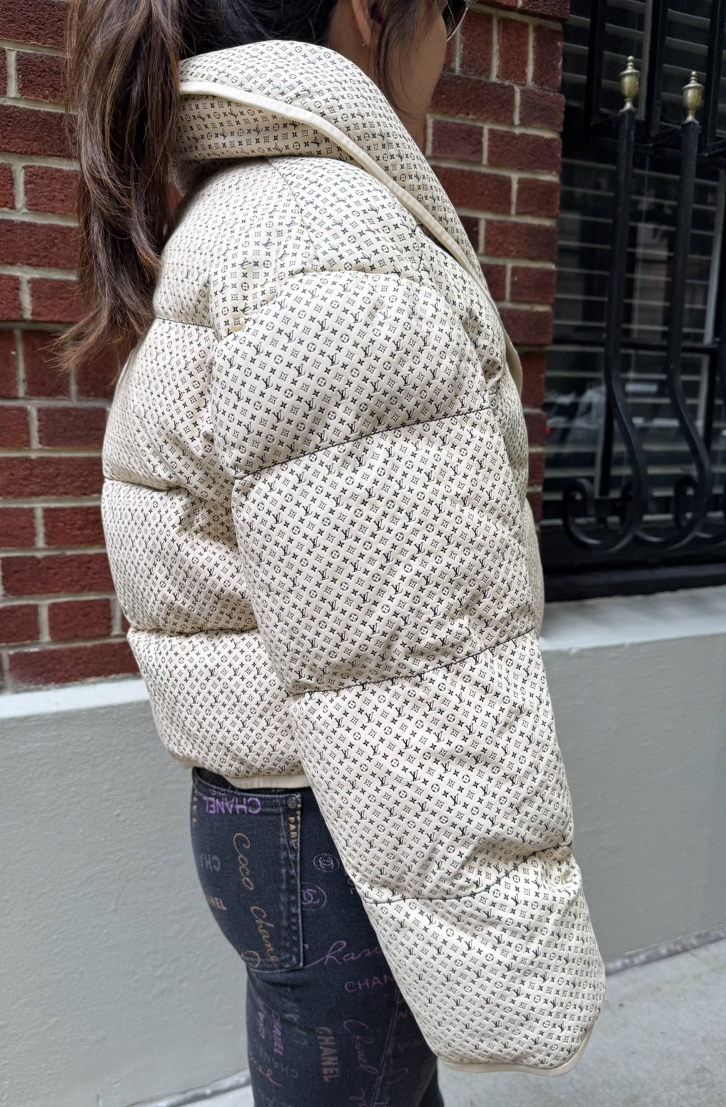Louis Vuitton Cream Leather Puffer Jacket with Mini Monograms