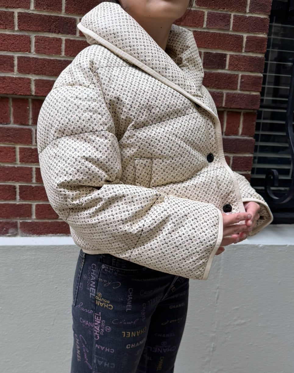 Louis Vuitton Cream Leather Puffer Jacket with Mini Monograms