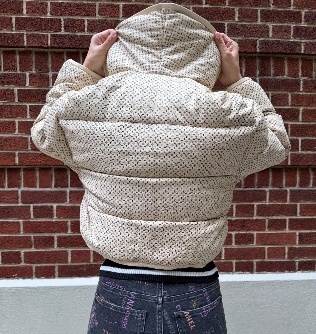Louis Vuitton Cream Leather Puffer Jacket with Mini Monograms