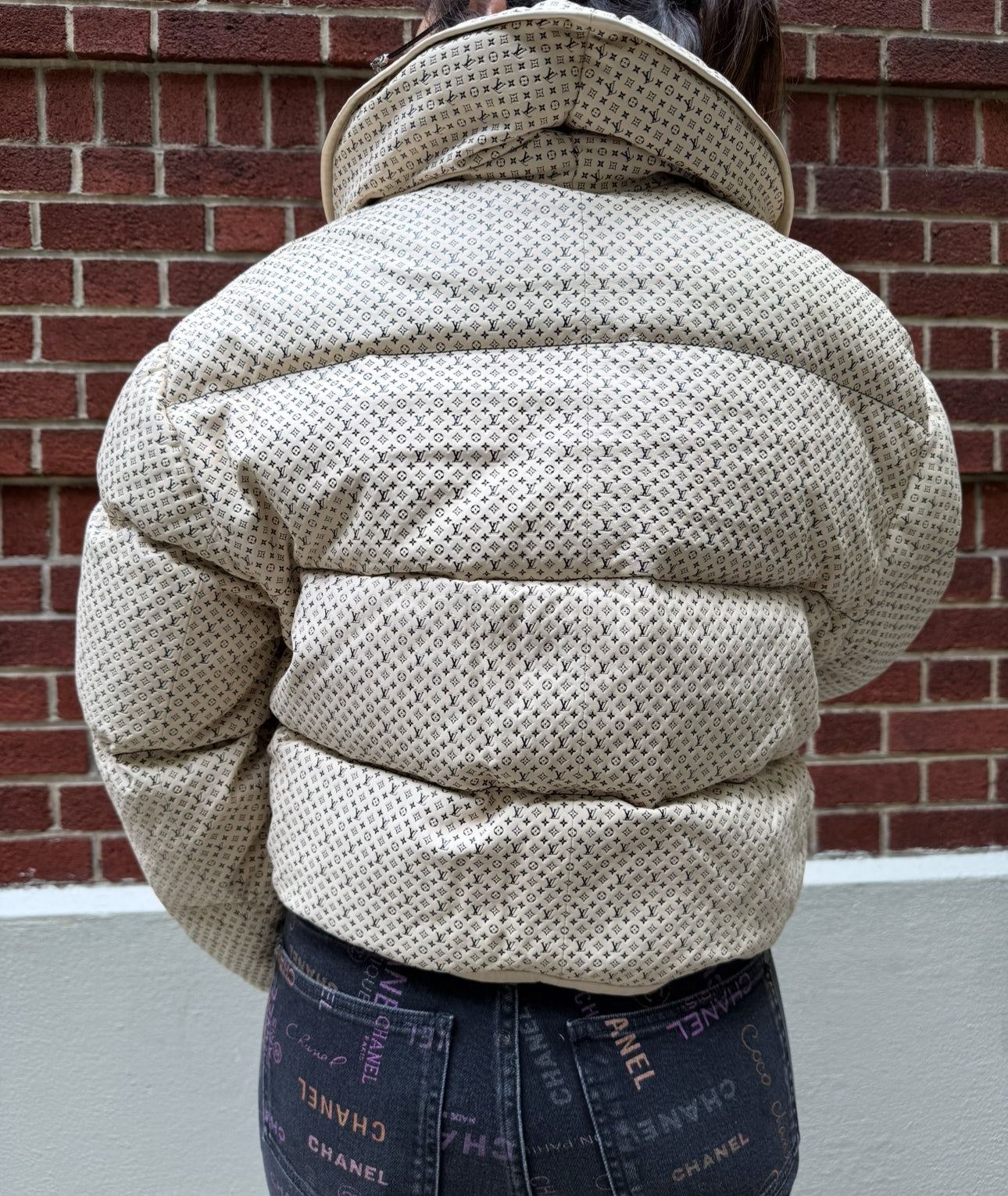 Louis Vuitton Cream Leather Puffer Jacket with Mini Monograms