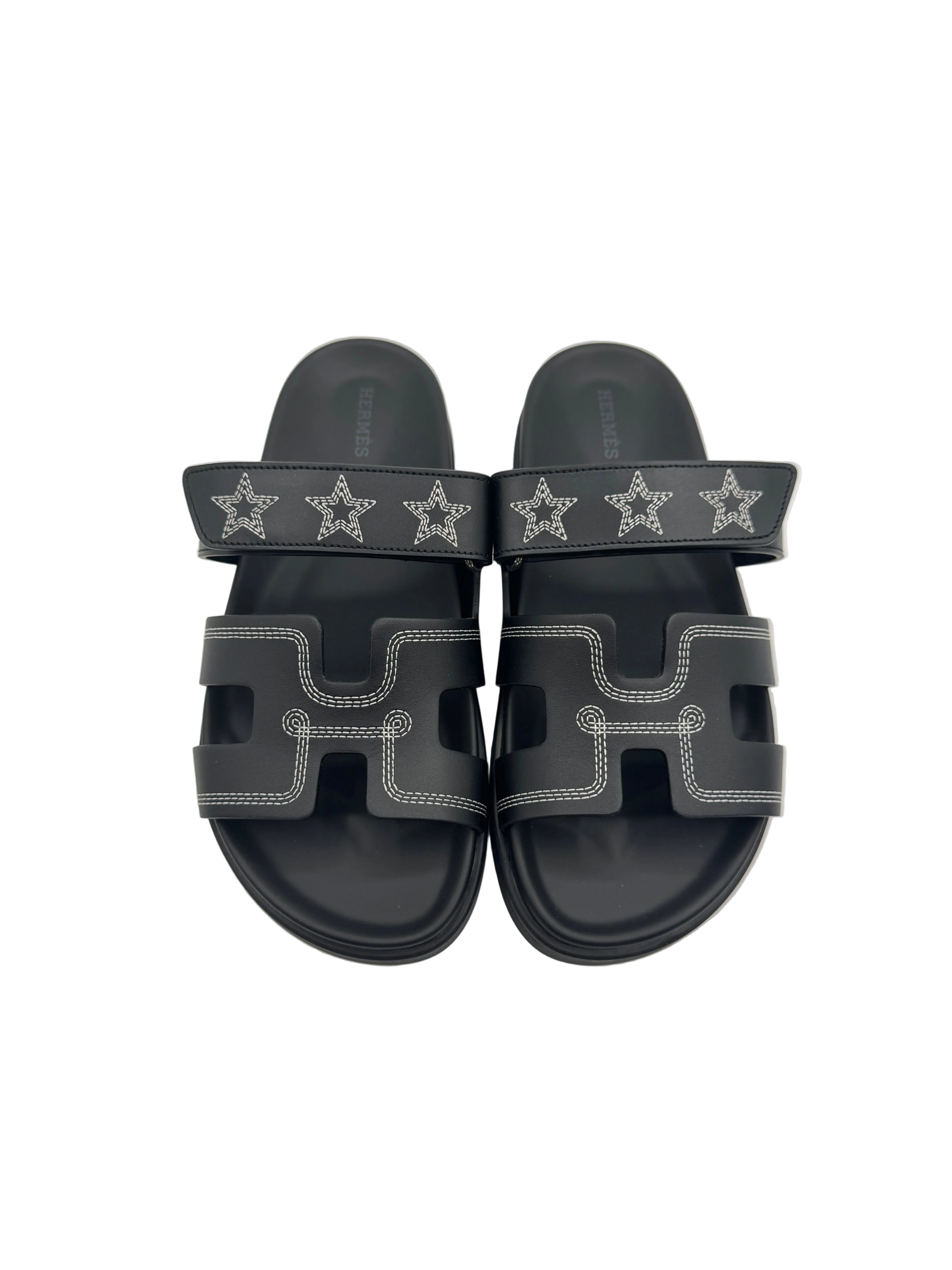 Hermès Black Chypre Sandals with Stars Embroidered