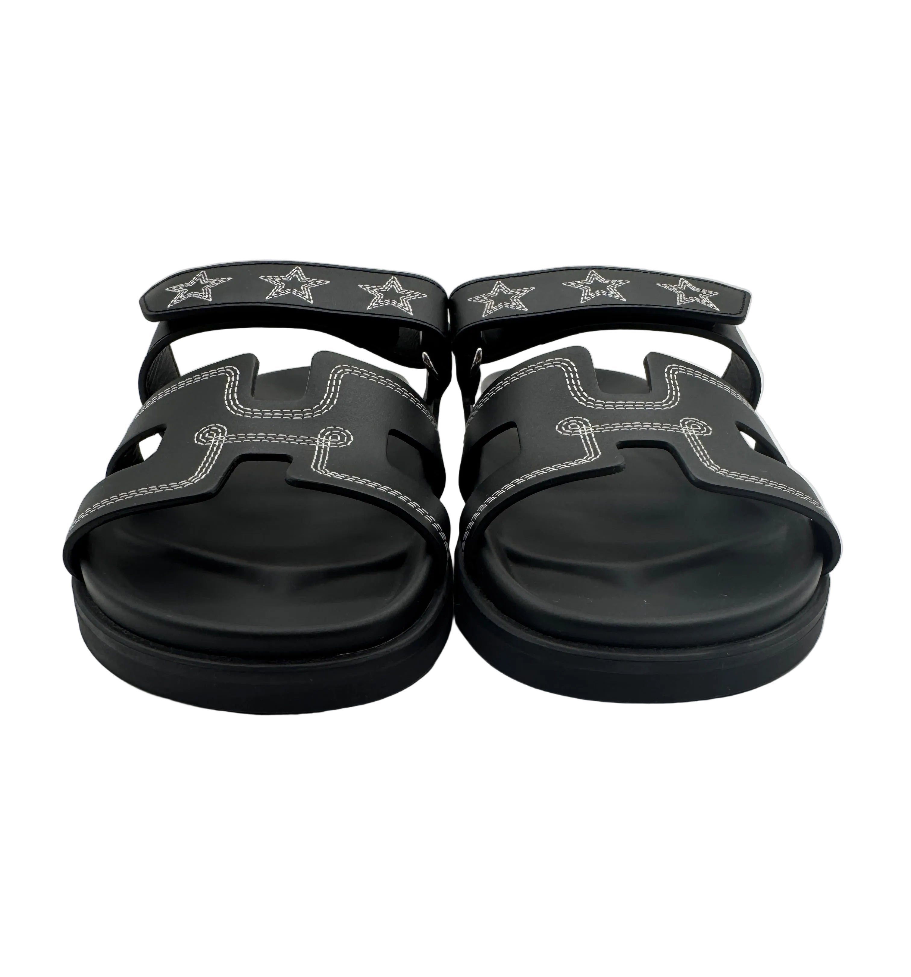 Hermès Black Chypre Sandals with Stars Embroidered