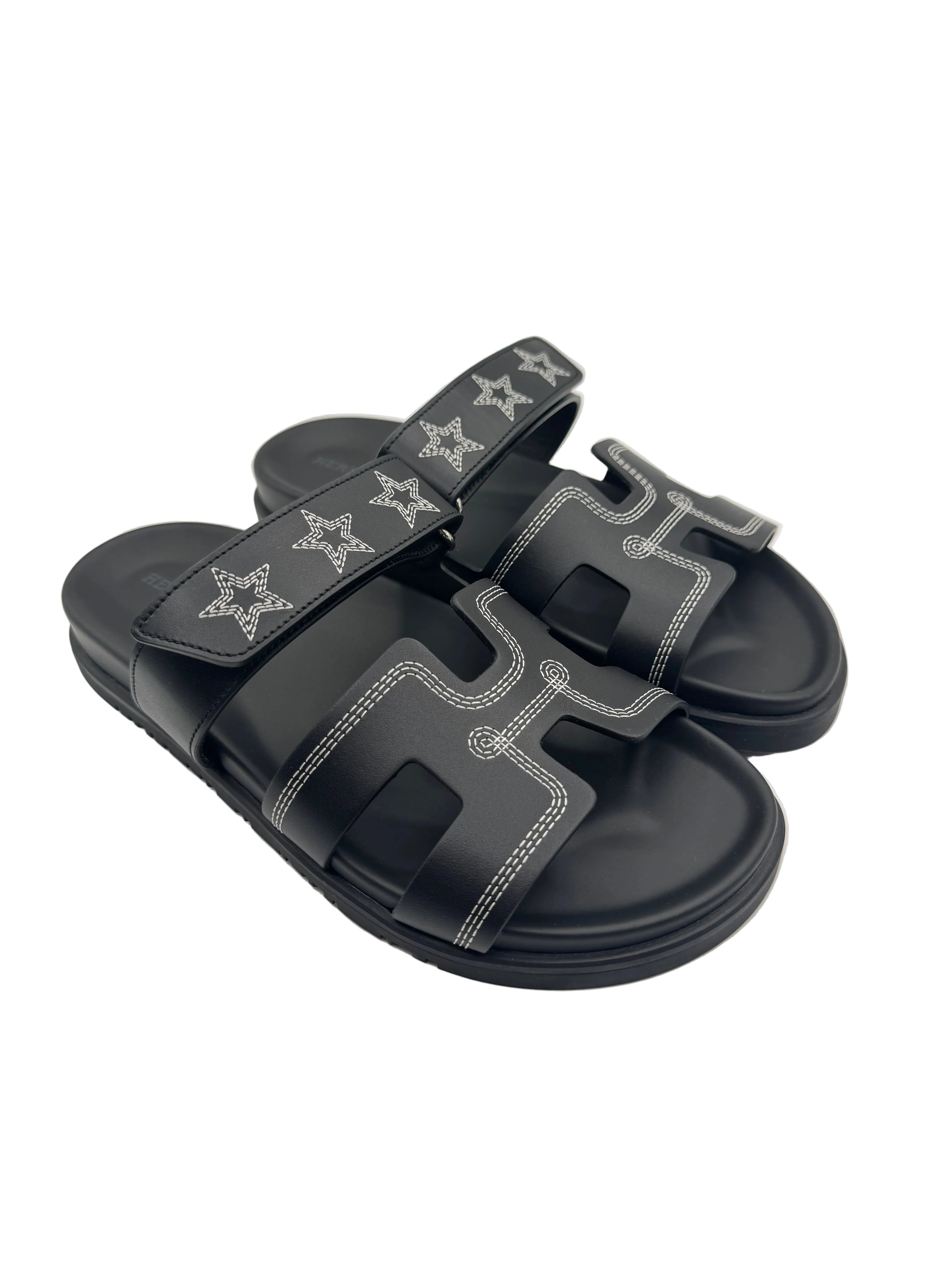Hermès Black Chypre Sandals with Stars Embroidered