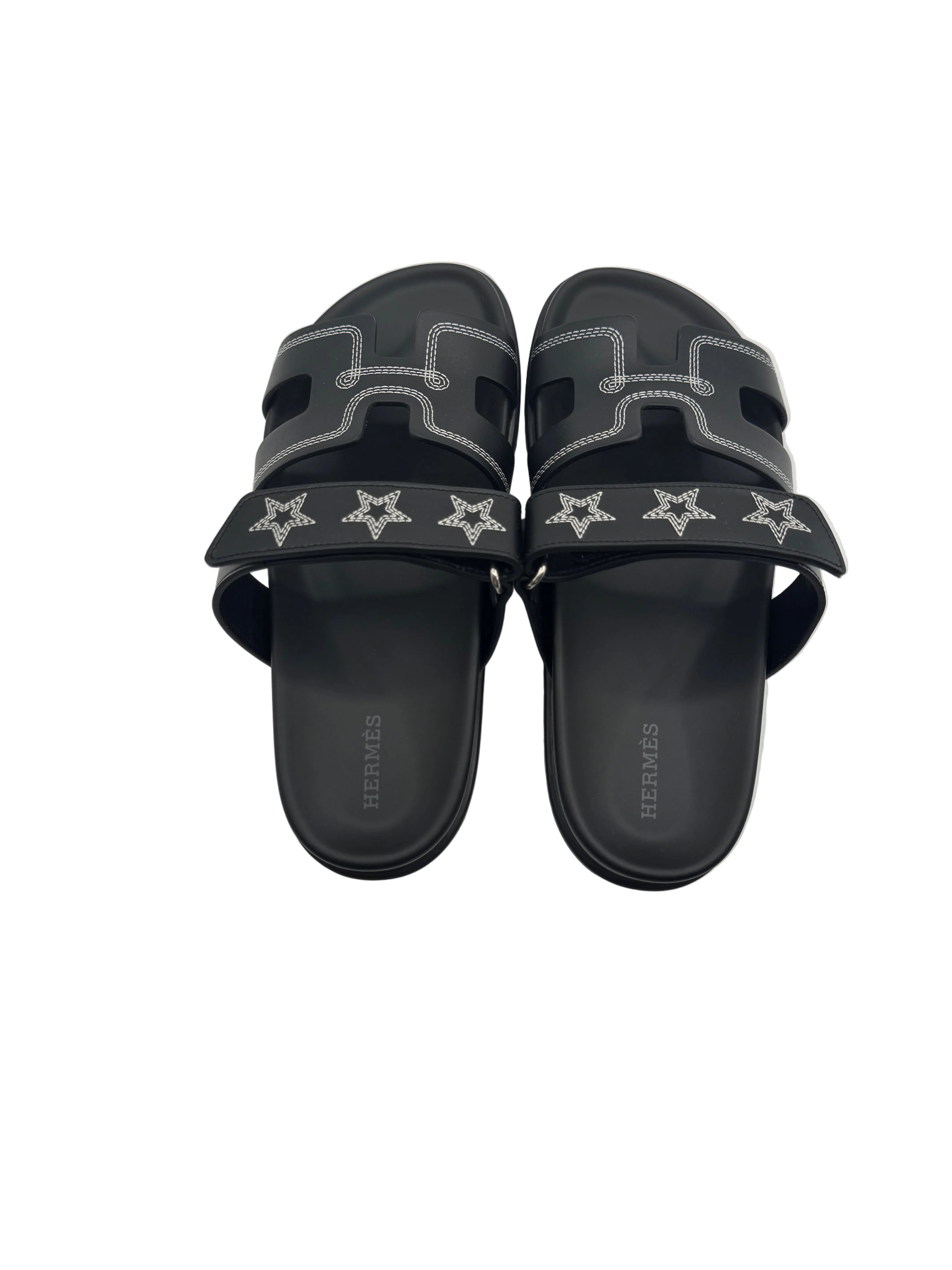 Hermès Black Chypre Sandals with Stars Embroidered