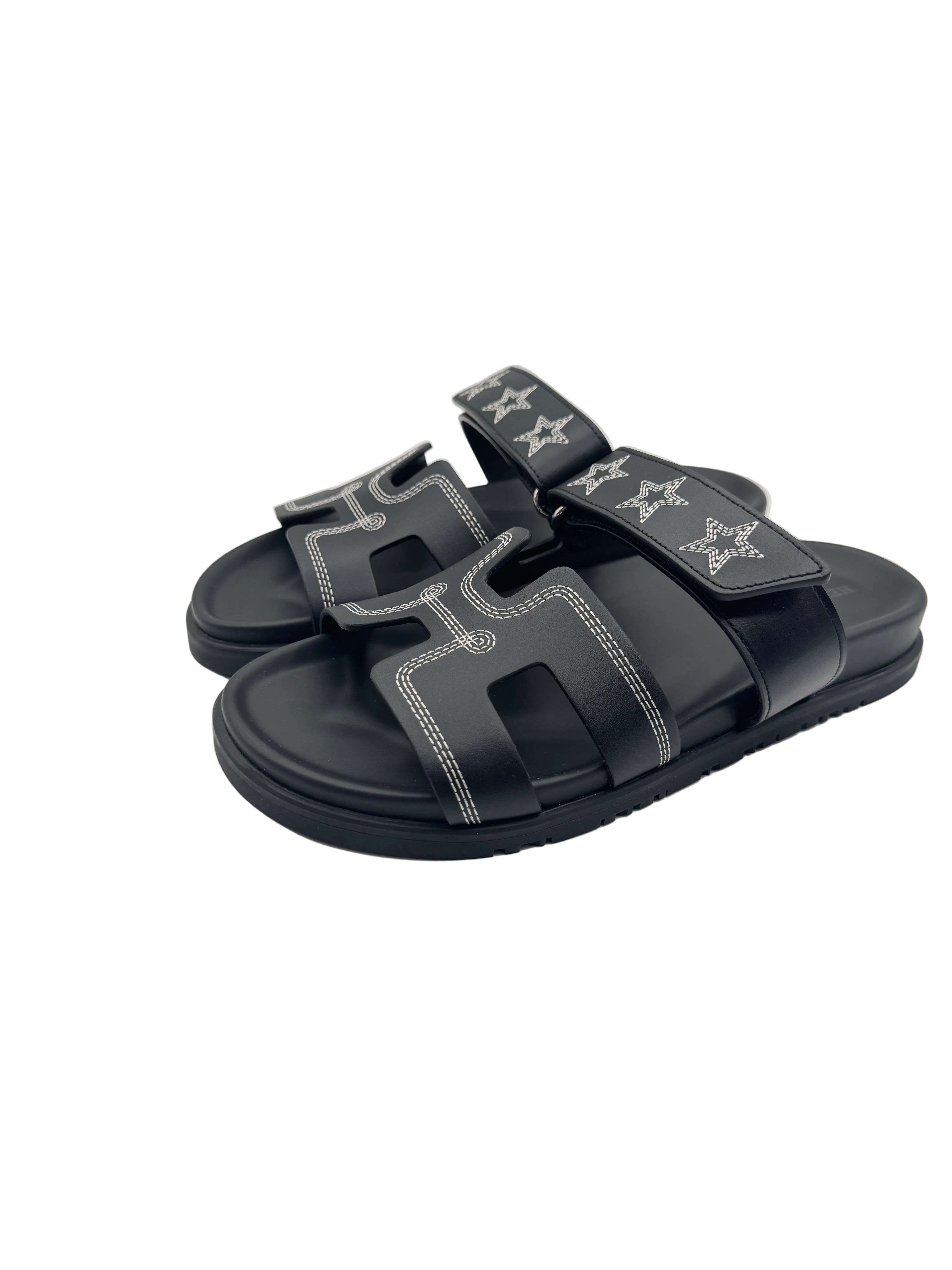 Hermès Black Chypre Sandals with Stars Embroidered