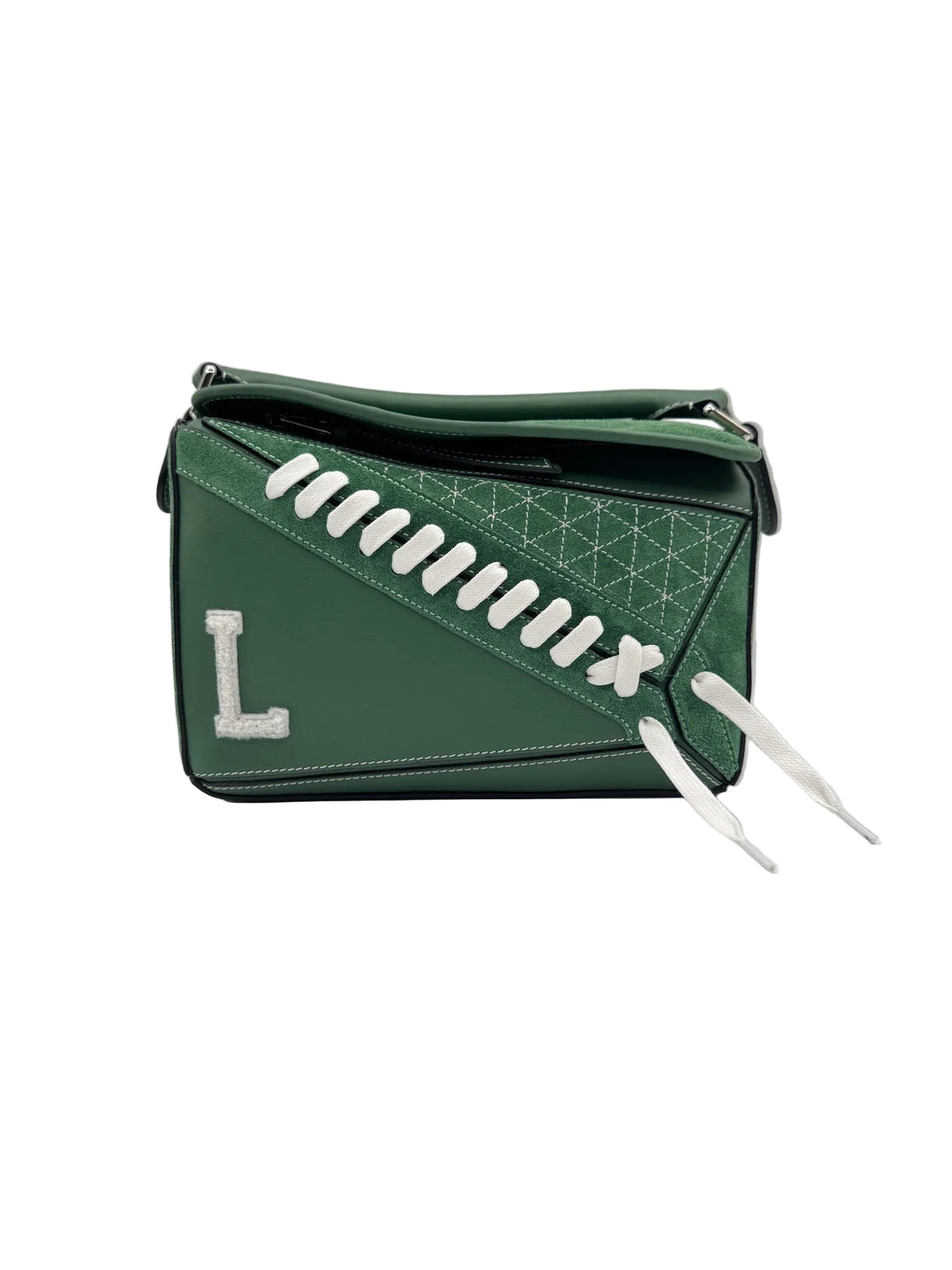 Loewe Green Suede Puzzle 10 Varsity Bag
