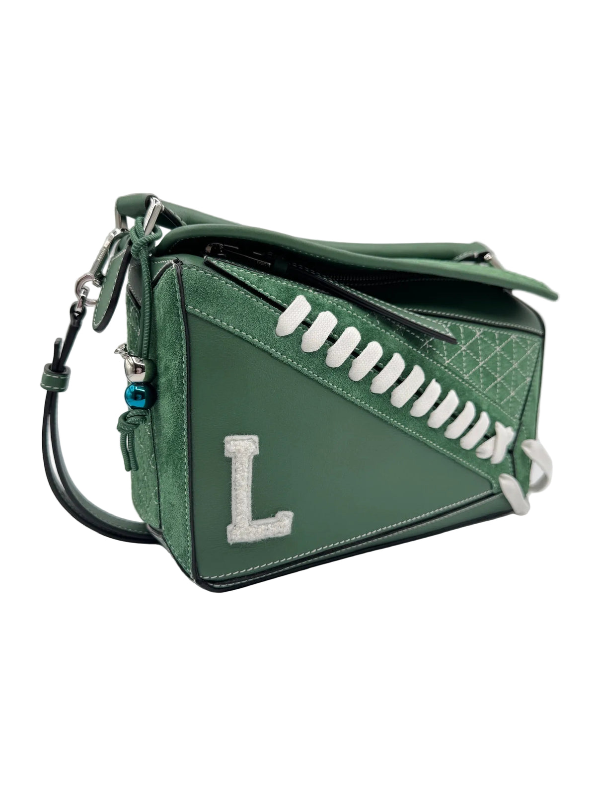 Loewe Green Suede Puzzle 10 Varsity Bag