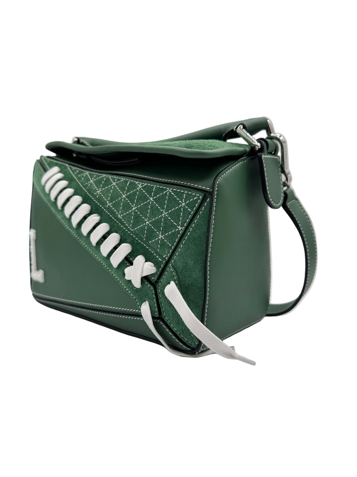 Loewe Green Suede Puzzle 10 Varsity Bag