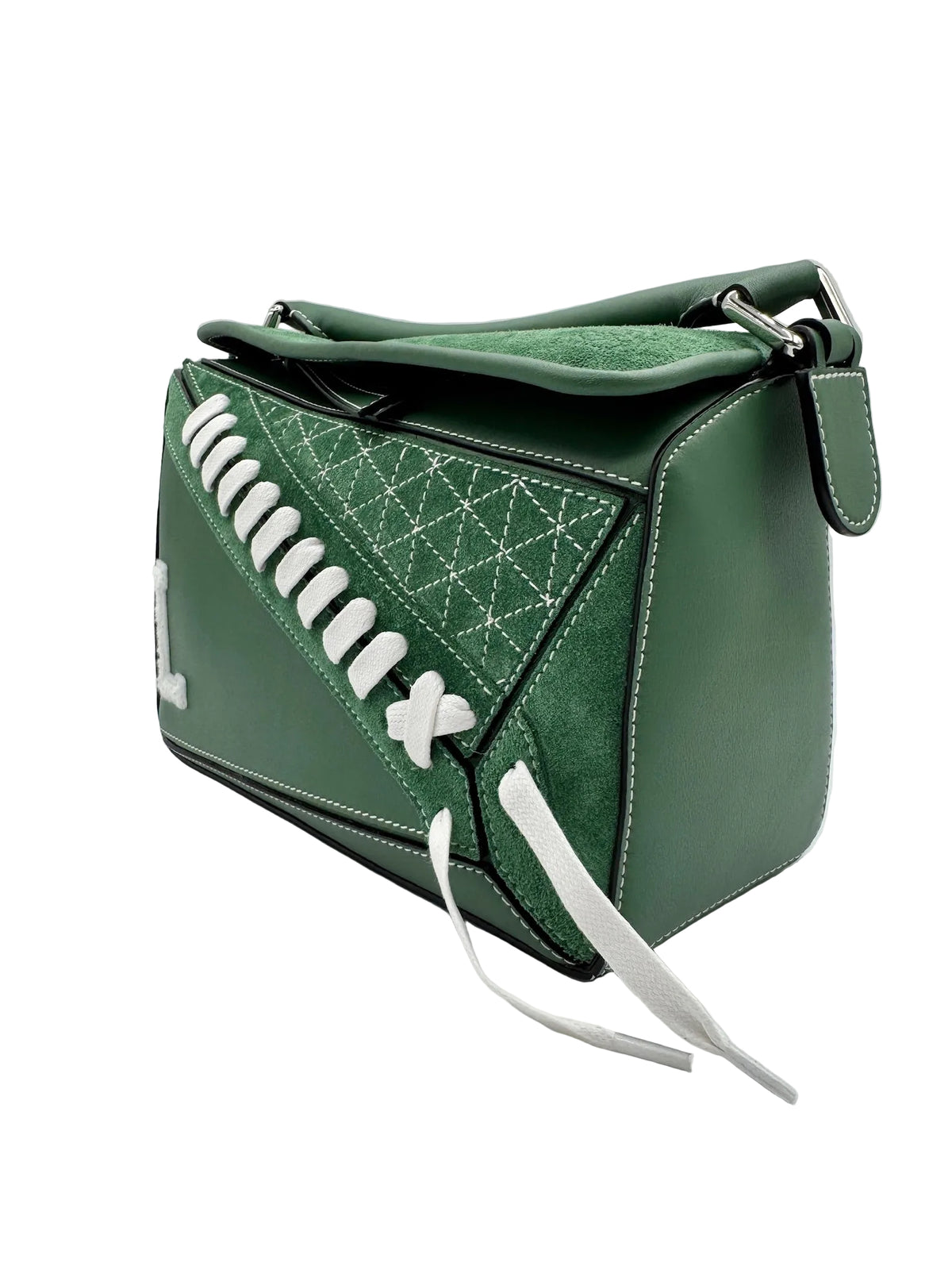 Loewe Green Suede Puzzle 10 Varsity Bag