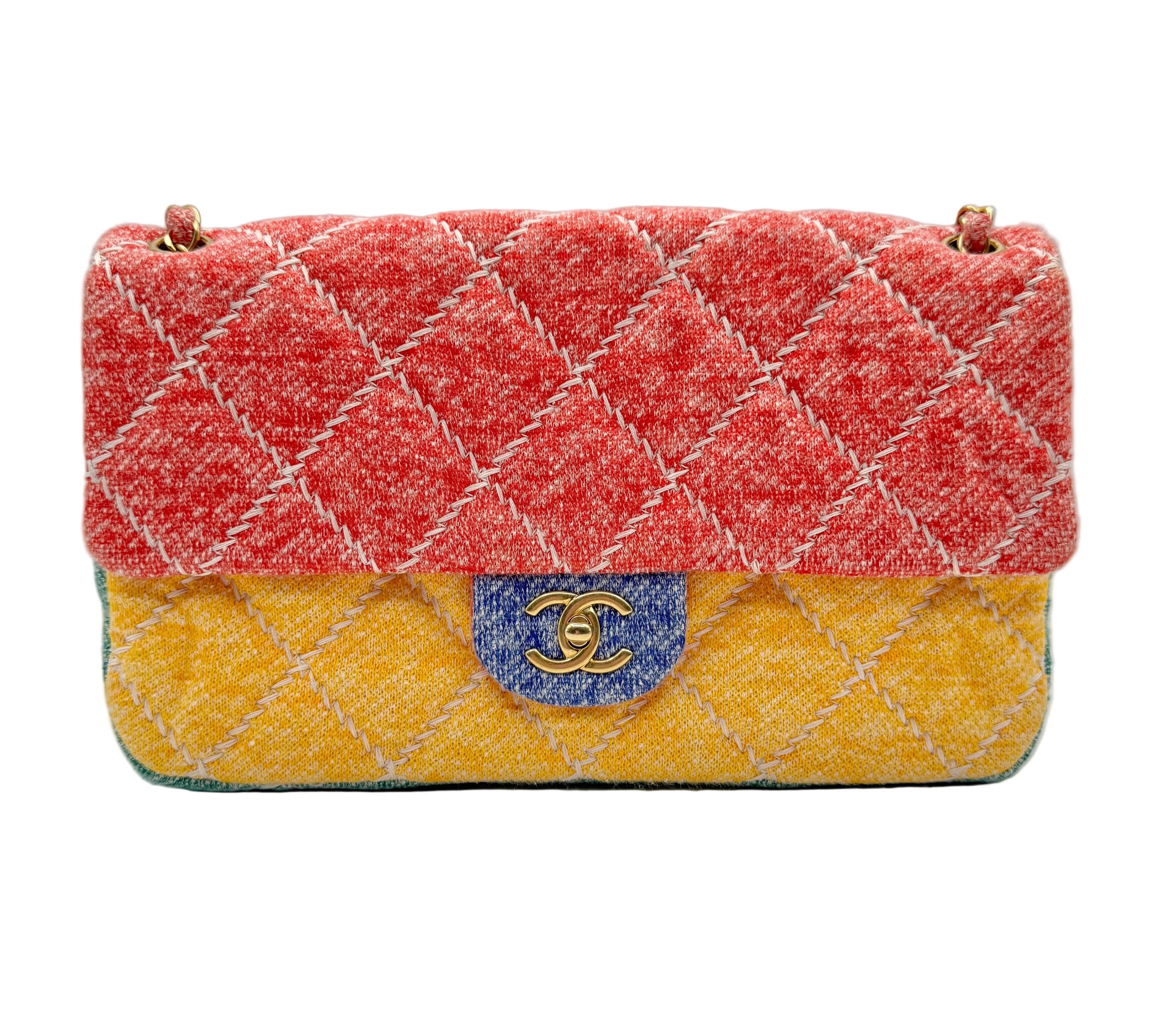 Chanel Color Block Quilted Jersey Fabric Large Flapbag