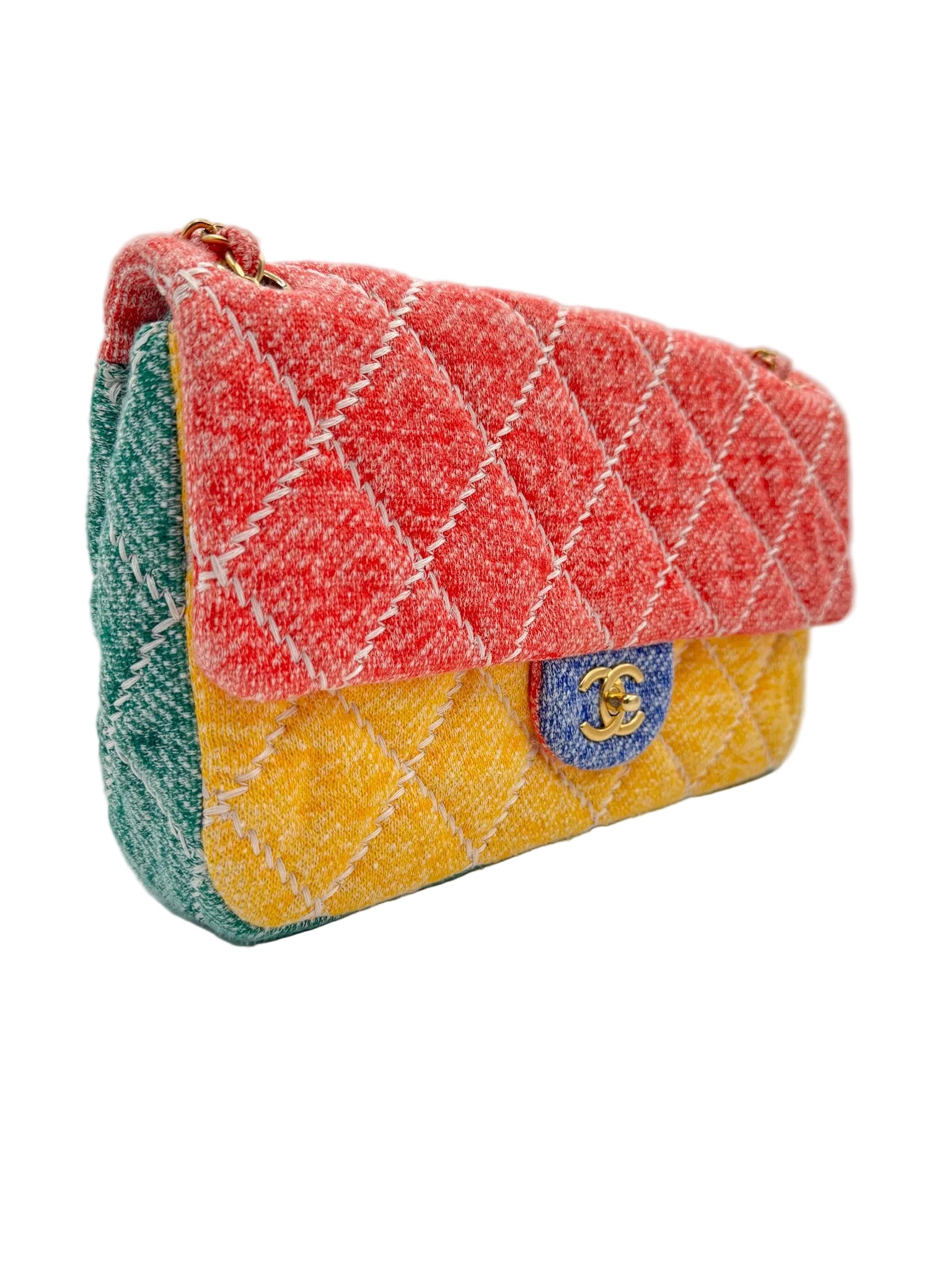 Chanel Color Block Quilted Jersey Fabric Large Flapbag