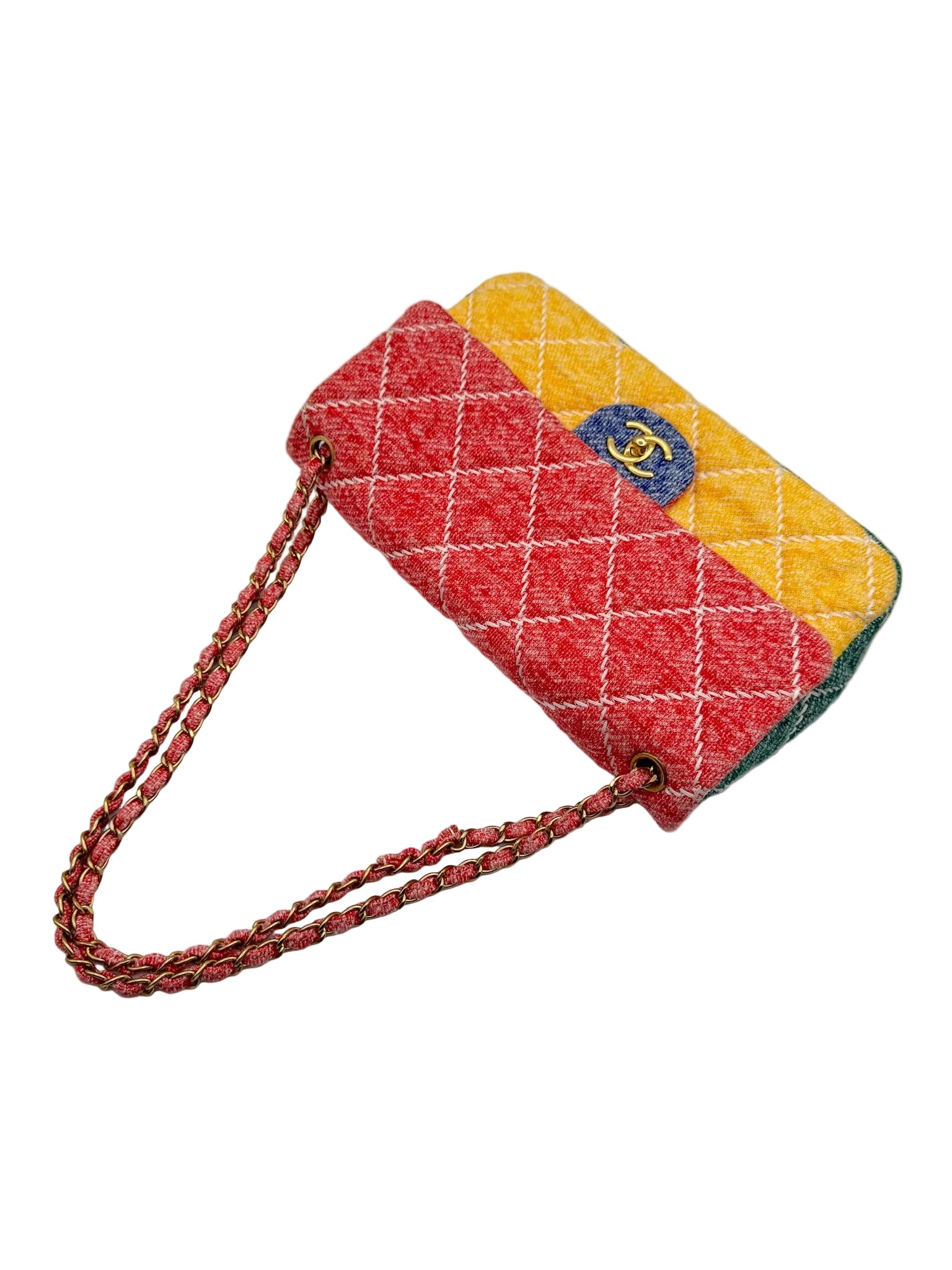 Chanel Color Block Quilted Jersey Fabric Large Flapbag