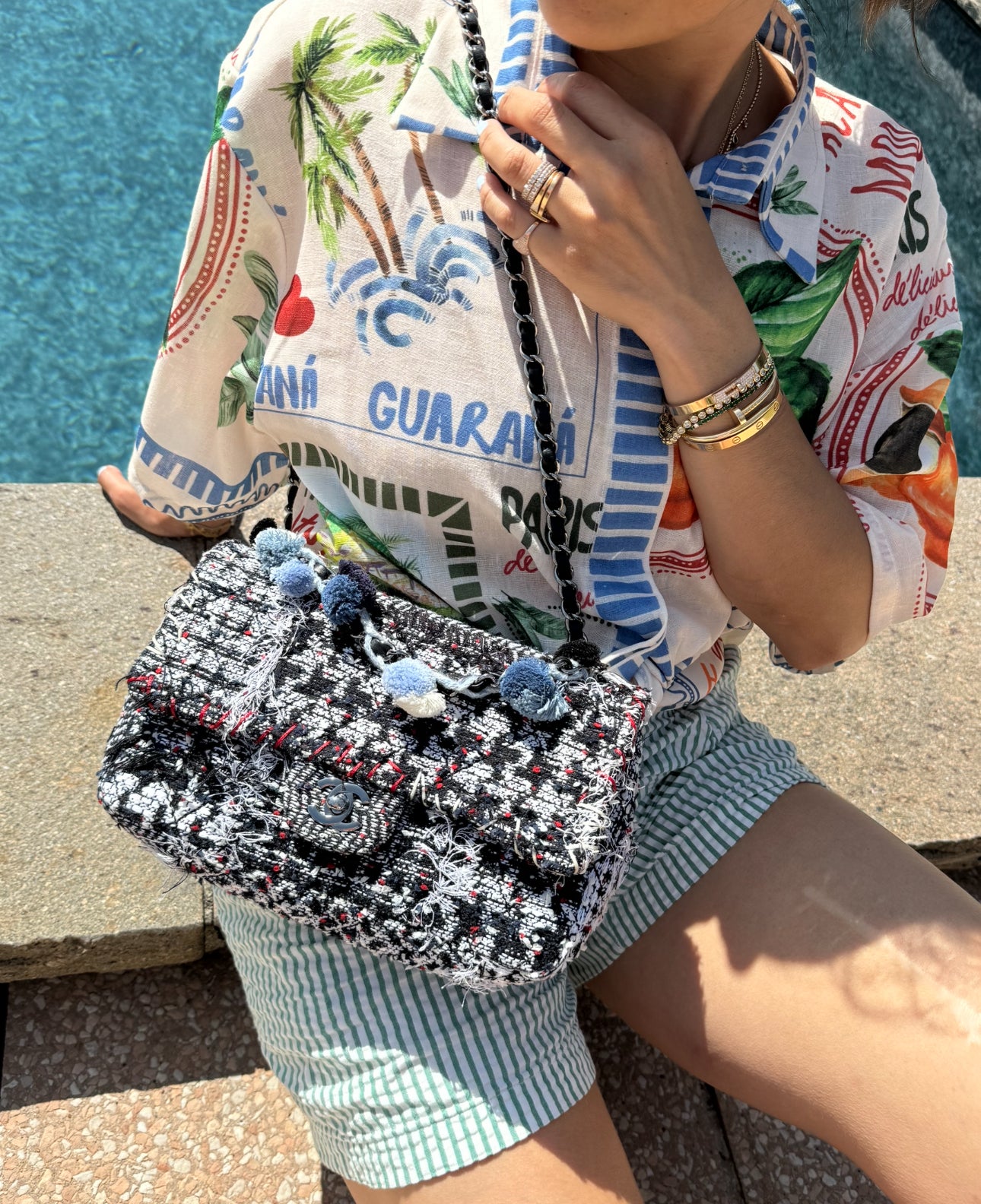 Chanel Black and White Tweed Pom Pom Flapbag