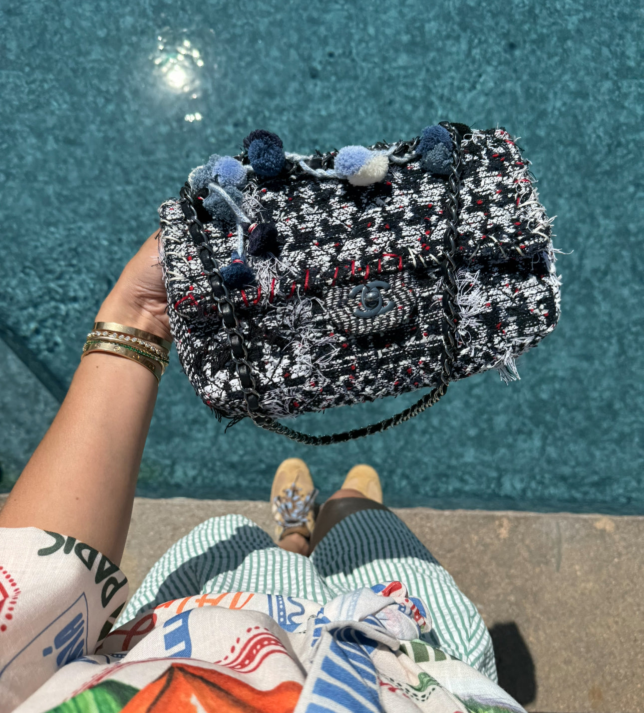 Chanel Black and White Tweed Pom Pom Flapbag